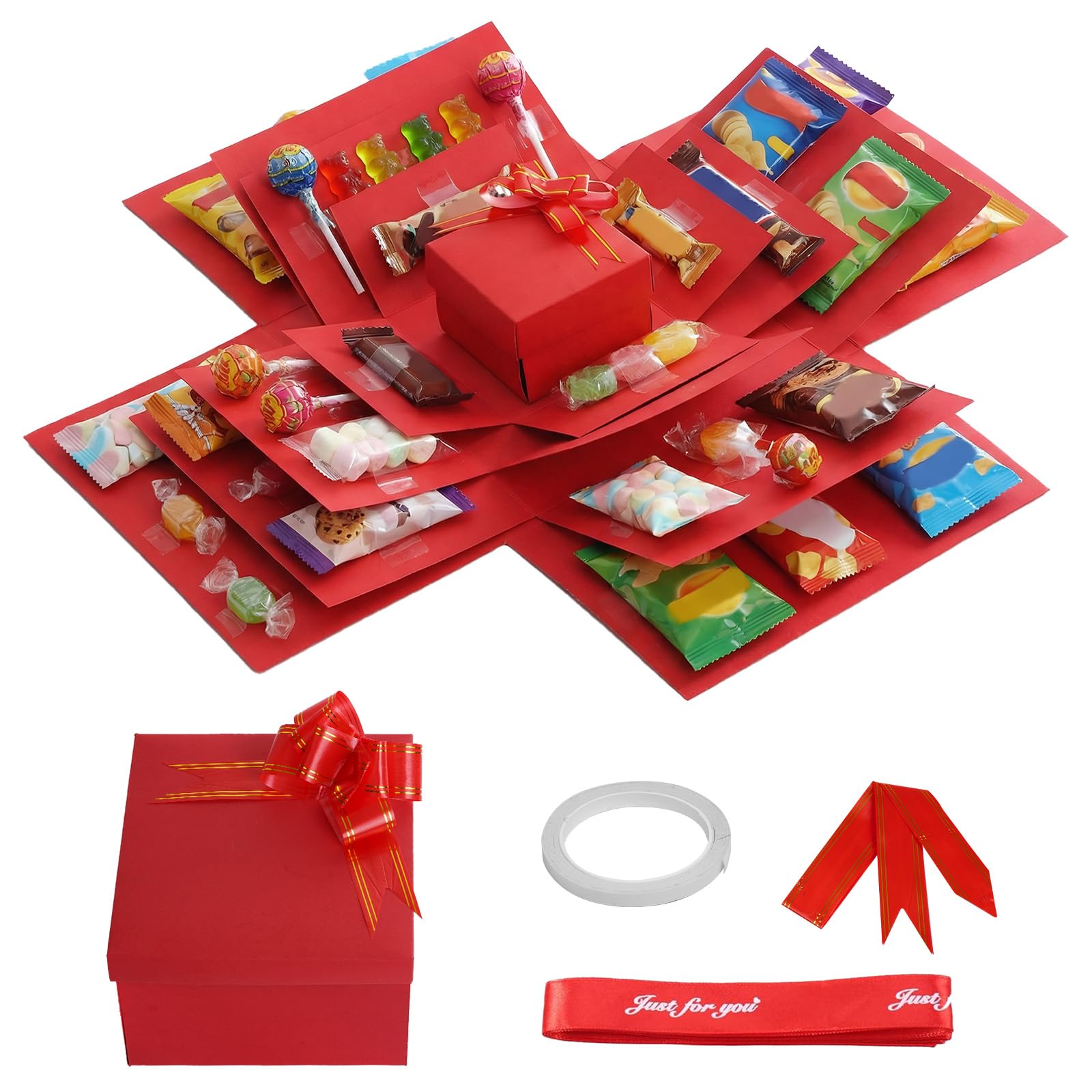 1Pc DIY Explosion Gift Box, 5 Layer Snack Explosion Box with Ribbon and Double-Sided Tape, Creative Surprise Gift Boxs for Birthdays Wedding Valentine's Day Christmas