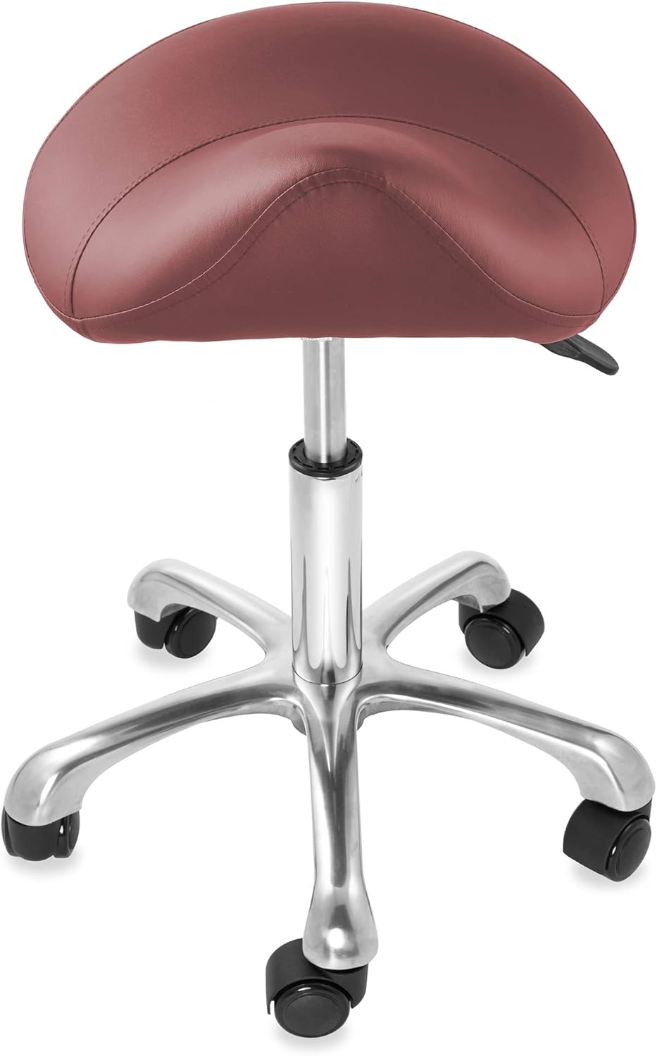 Saloniture Professional Ergonomic Saddle Stool, Burgundy - Adjustable Hydraulic Seat, Rolling Spa Salon, Massage, and Medical Office Chair with Swivel Wheels