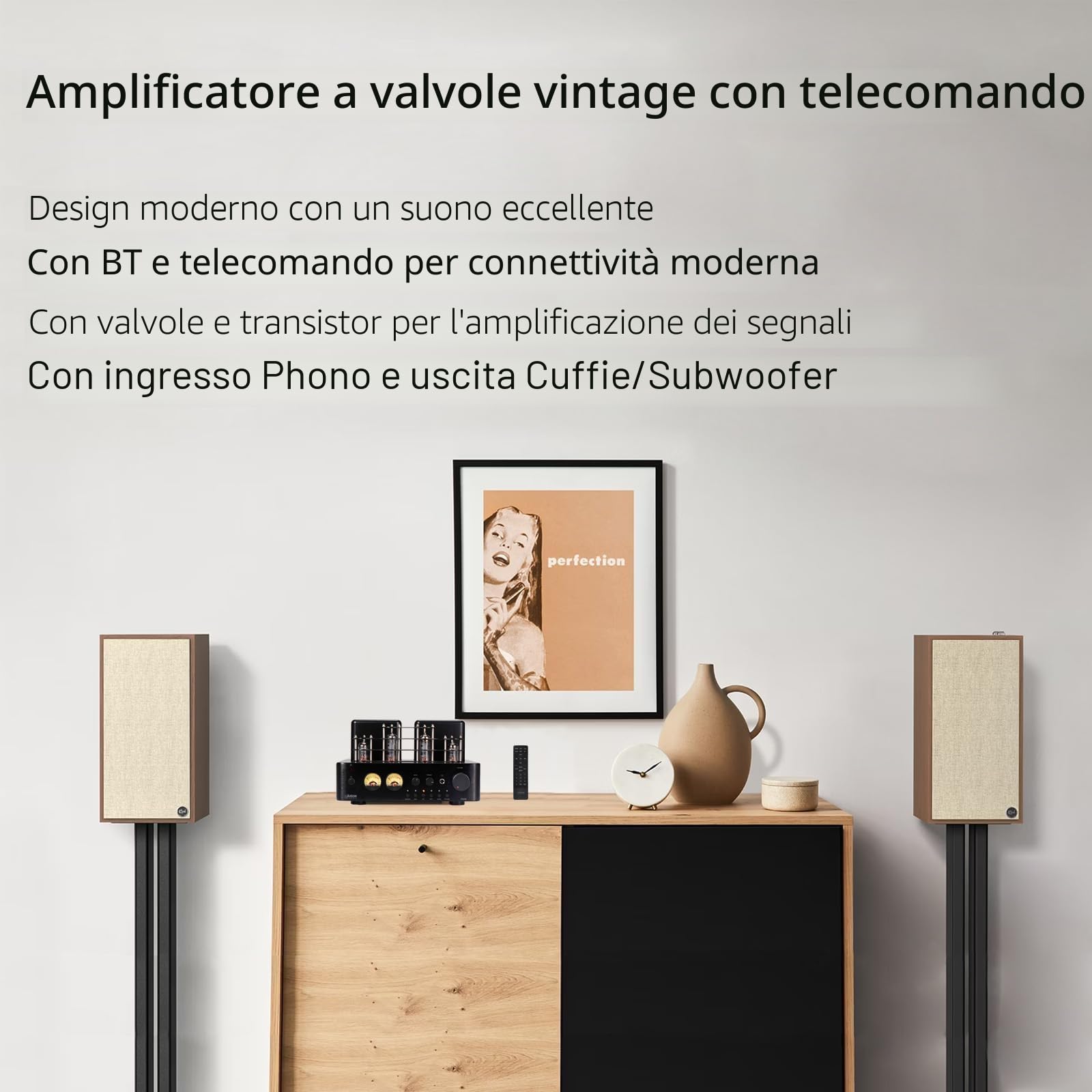 Juson Audio JTA50 Amplificatore a tubo amplificatore Hi-Fi con BT 5.0, telecomando, AUX, COAX, ingresso Phono e USB, uscita subwoofer, 2.1CH per giradischi