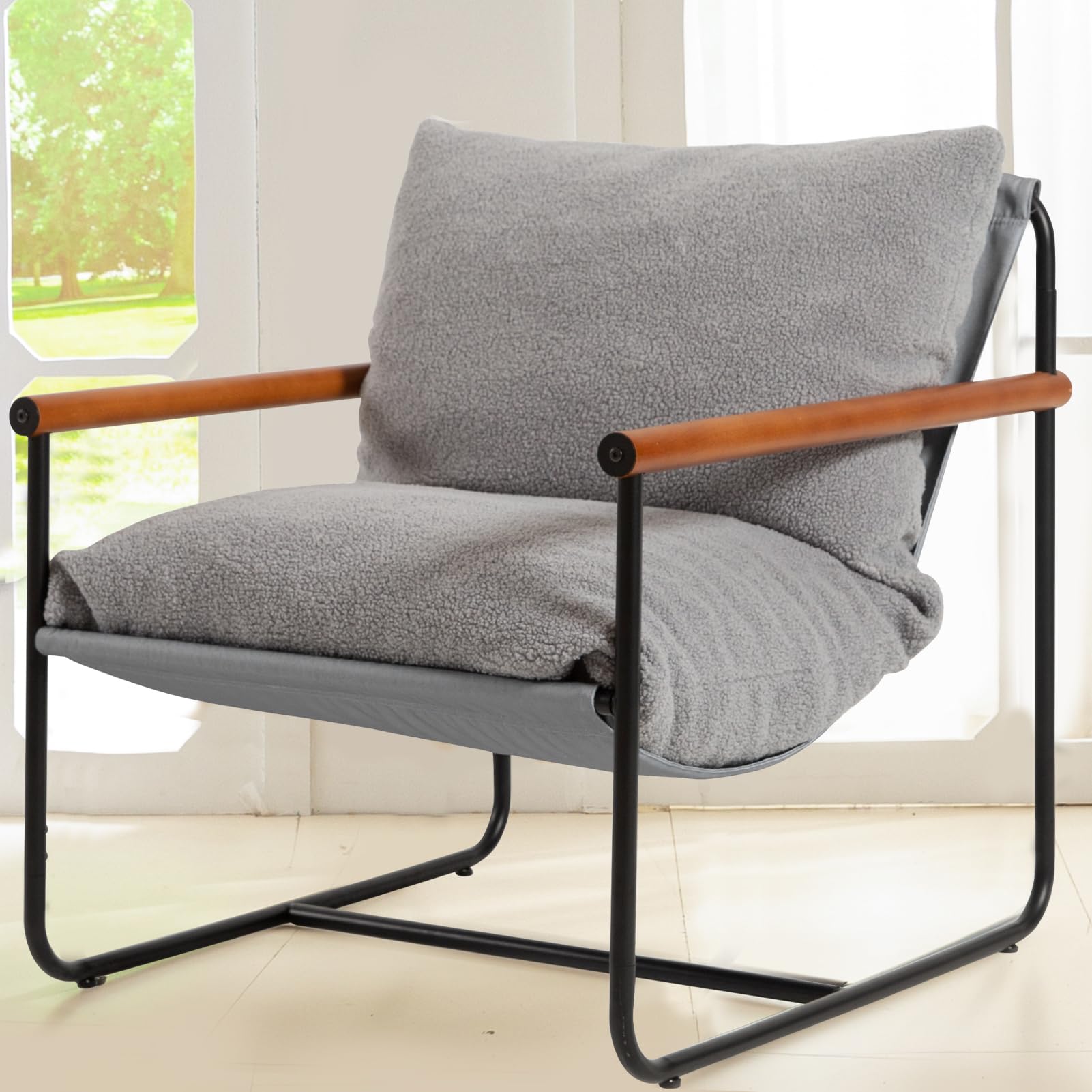 HIGOGOGO Modern Accent Chair, Living Room Chair with Wood Armrests, Shredded Foam Cushion, and Sturdy Metal Frame Reading Chair, Dark Grey