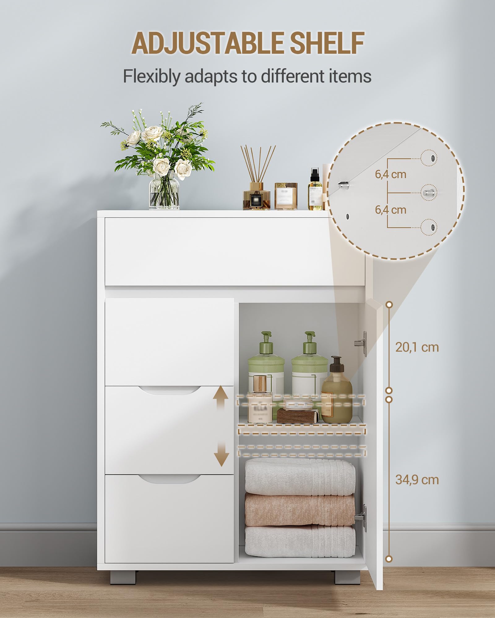 Hzuaneri Mobile Bagno, 4 Cassetti e 1 Anta, Ripiani Regolabili, Grande Capacità di Stoccaggio, Moderno, per Soggiorno o Bagno, Dimensioni, 30 x 55 x 82 cm, Bianco SC05503X