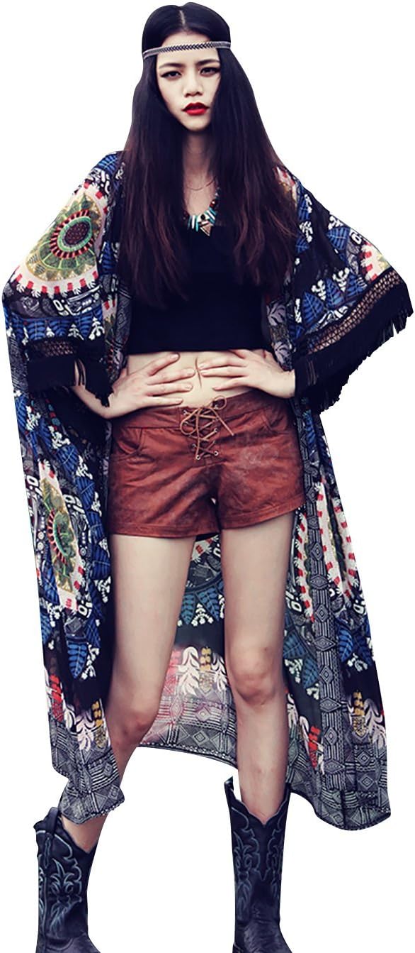Women's Boho 3/4 Sleeves Oversize Chiffon Kimono Cardigan Beach Cover up Blouse,Black,One Size