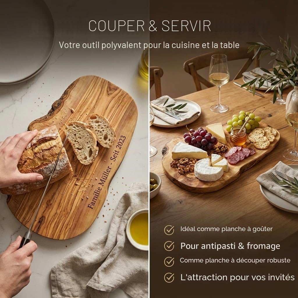 Planche à découper personnalisée, bois d'olivier - Planche à découper rustique en bois d'olivier avec gravure comme cadeau individuel (30-34 cm)