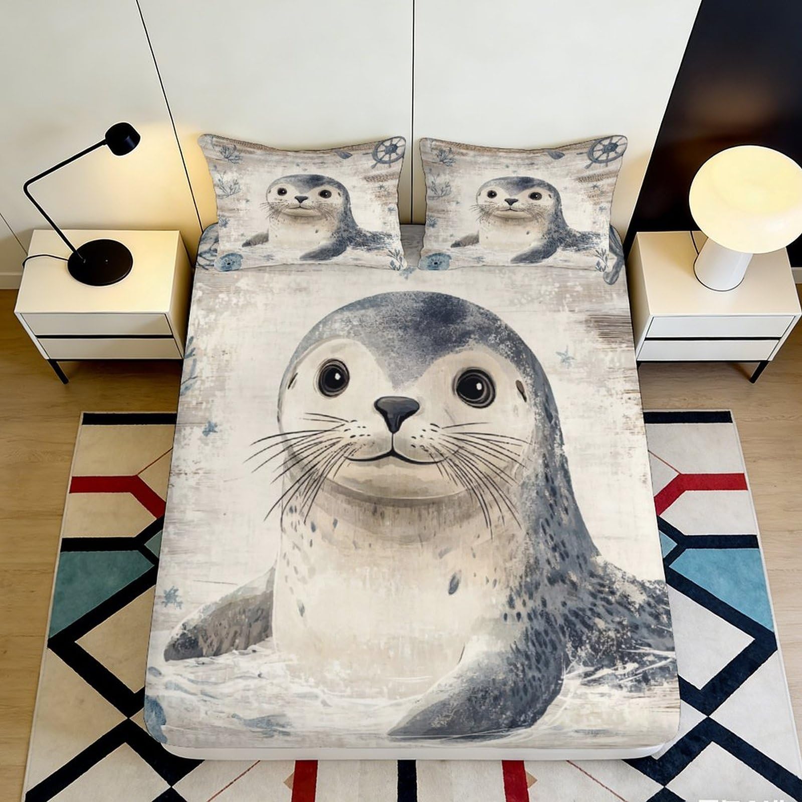 3D Printed seal Fitted Sheet, soft touch Microfiber, wrinkle resistant, easy to remove, bed decor, apartment bedding, for bedroom guest room, 110x200cm 90x200x25cm
