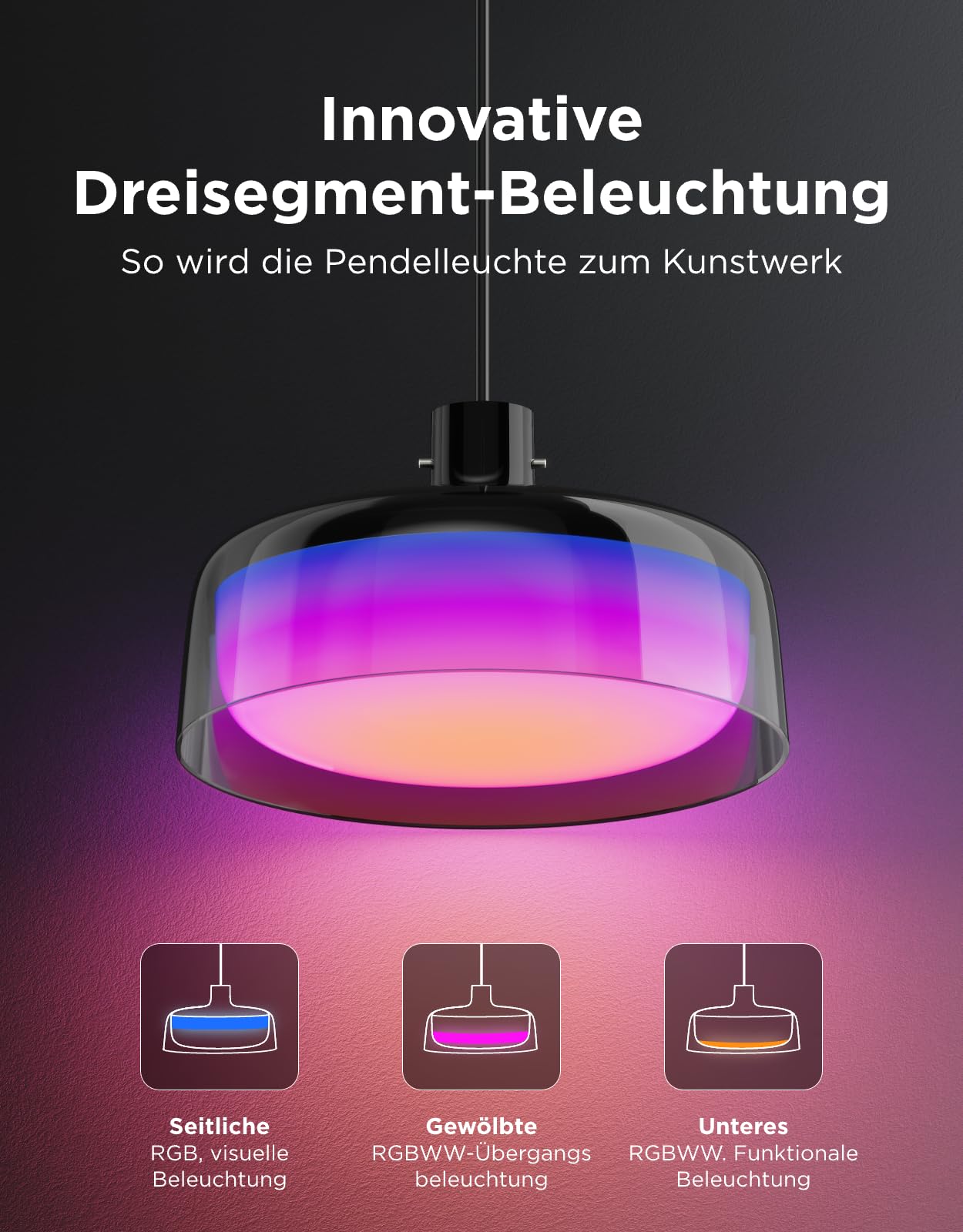Govee Pendelleuchte, Smart RGBIC und Weißlicht-Hängelampe Esstisch, Drei Lichtringe Segmentierungskontrolle Pendant Light, Dimmable Esszimmerlampe Funktioniert mit Matter für Küche Esstisch
