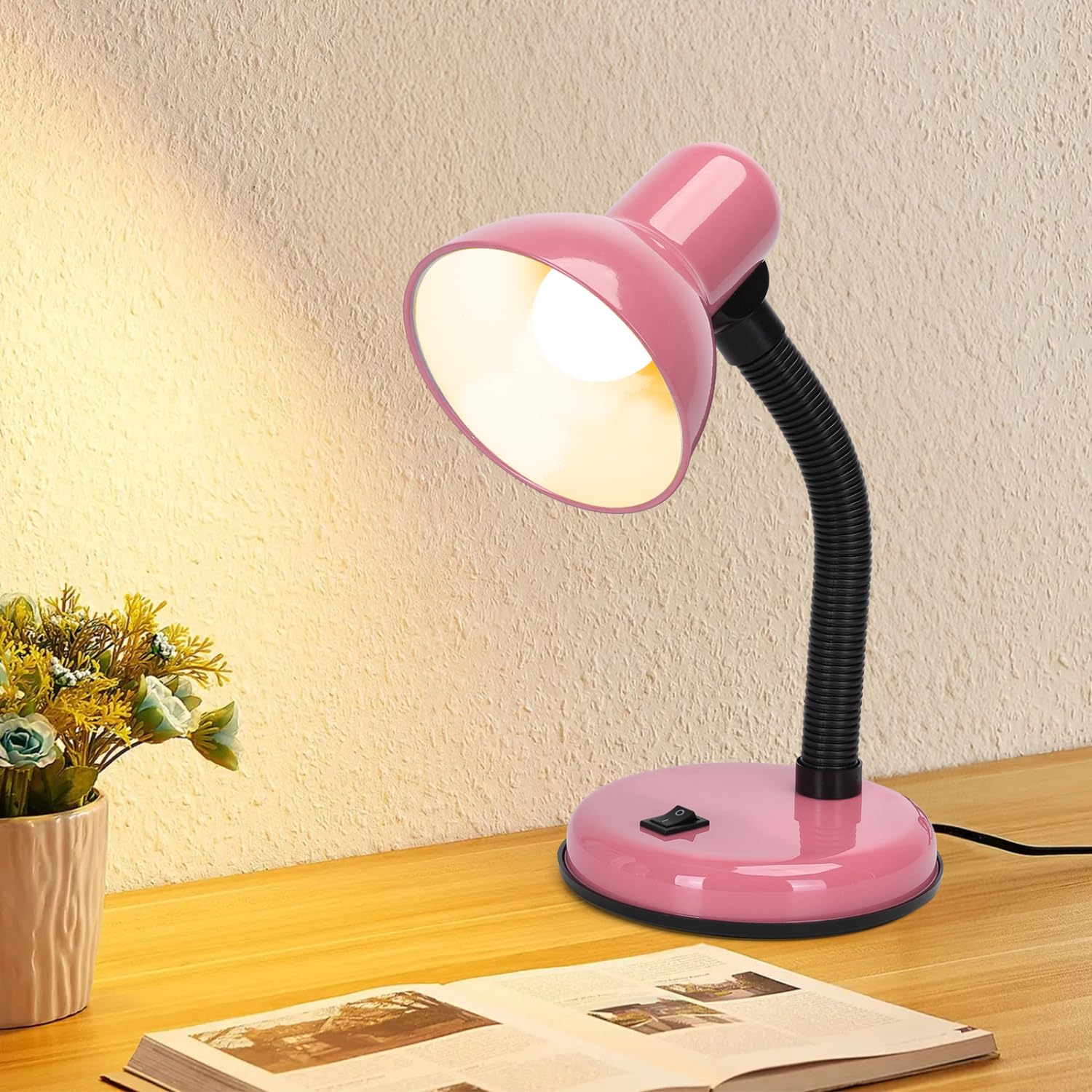 Aigostar Lámpara de Escritorio Retro, Flexo LED Escritorio Vintage Estudio，3000K Luz Amarilla Lámpara de Mesa Compatible con Led Bombillas Modelo E27, Lampara Lectura, Rosa