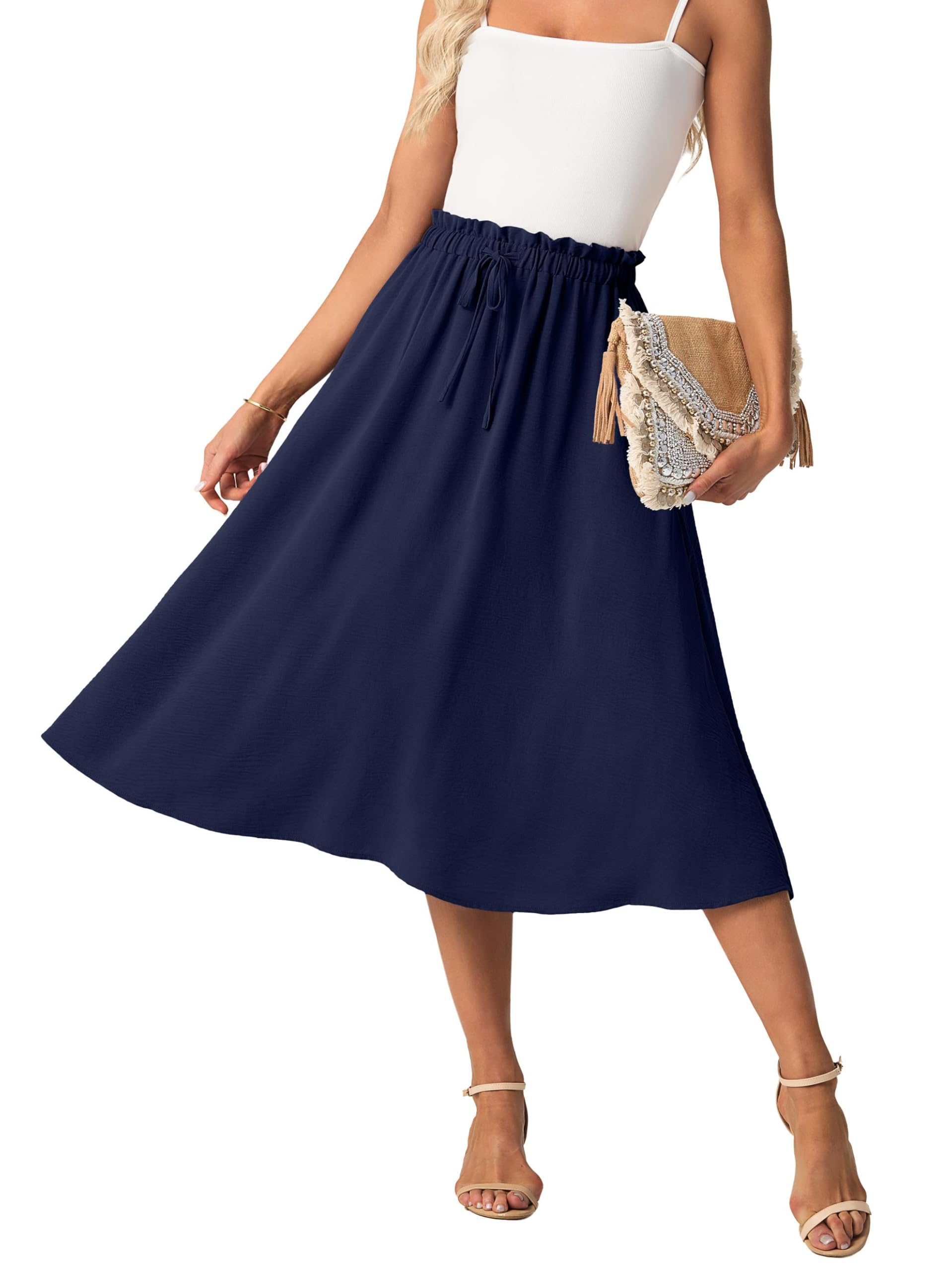 GRECERELLE Damen Rock Sommer Midi Langer Midirock A-Linie Flowy mit Taschen leicht und luftig (Marineblau, XL)