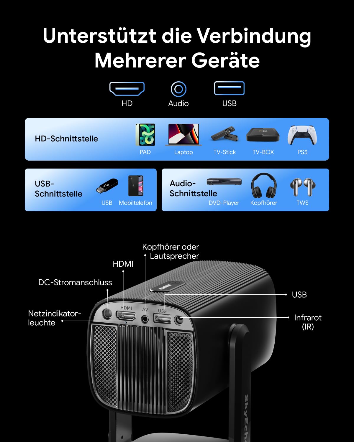 Beamer Mit Akku 【 ±270° Drehbar/Autofokus/Trapezkorrektur/Android Os 】 K2 Smart Projektor Mit WiFi Und Bluetooth, FüR Schlafzimmer Decke DraußEn Tragbar Film UnterstüTzt 1080p 4k Videowiedergabe