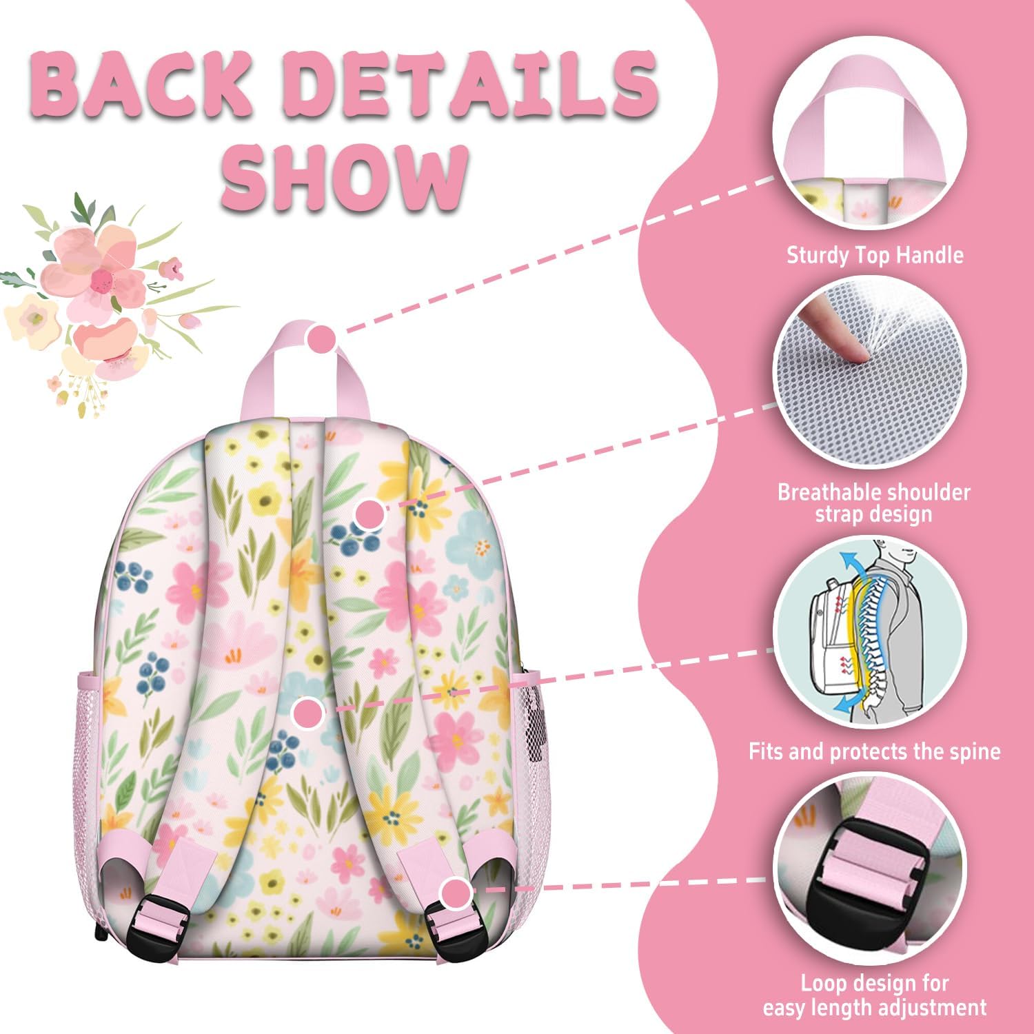 Toddler Backpack for Girls 3-8: Preschool Kindergarten Backpack - Cute Kids Backpacks for Girls-Floral - Image 5