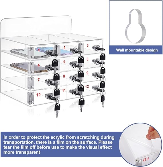 Cell Phone Locker Box Clear Acrylic Cell Phone Storage Cabinet Wall Mounted Mobile Phone Safe with Door Locks & Keys for Classroom School Office (12 Slots)