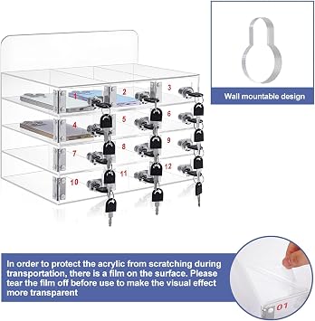 Cell Phone Locker Box Clear Acrylic Cell Phone Storage Cabinet Wall Mounted Mobile Phone Safe with Door Locks & Keys for Classroom School Office (12 Slots)