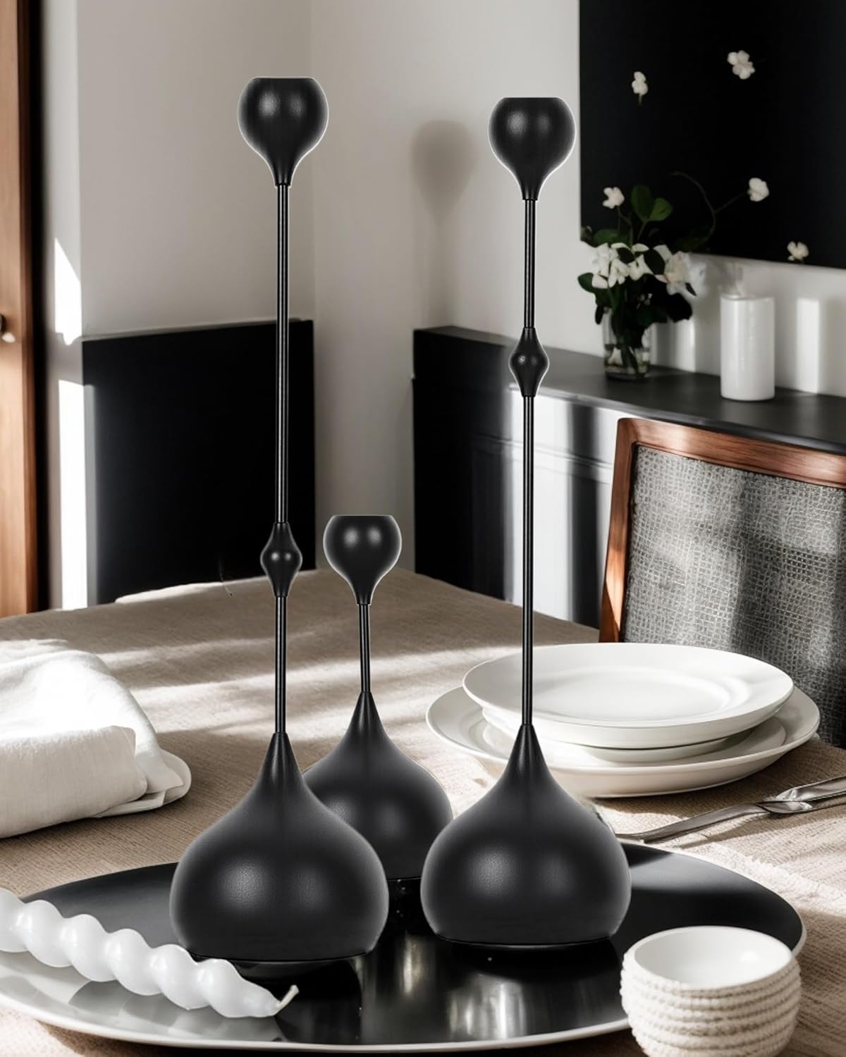 Candle Holders Set of 3 - Taper Candle Holders for Table Decor, Elegant Minimalist Design, Perfect for Weddings, Parties, and Home Decor (Black)