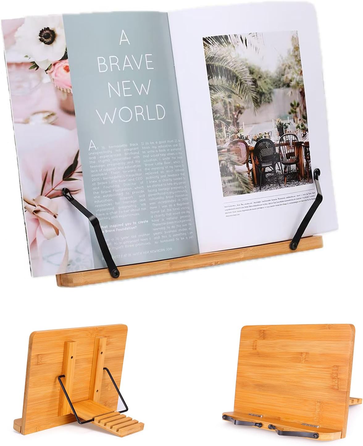 MEGREZ Bamboo Book Stand for Reading, Adjustable Cookbook Holder with Page Clips, Recipe Book Holder for Kitchen, Smooth Surface (15.4 x 11.0 inch)
