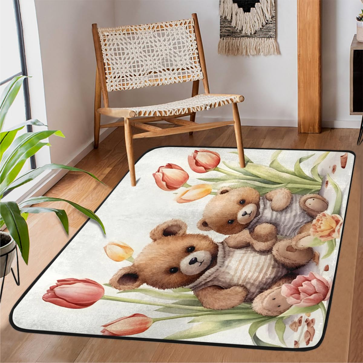 Grand tapis salon motif ours et fleurs 122x160 pour égayer une chambre d'enfant