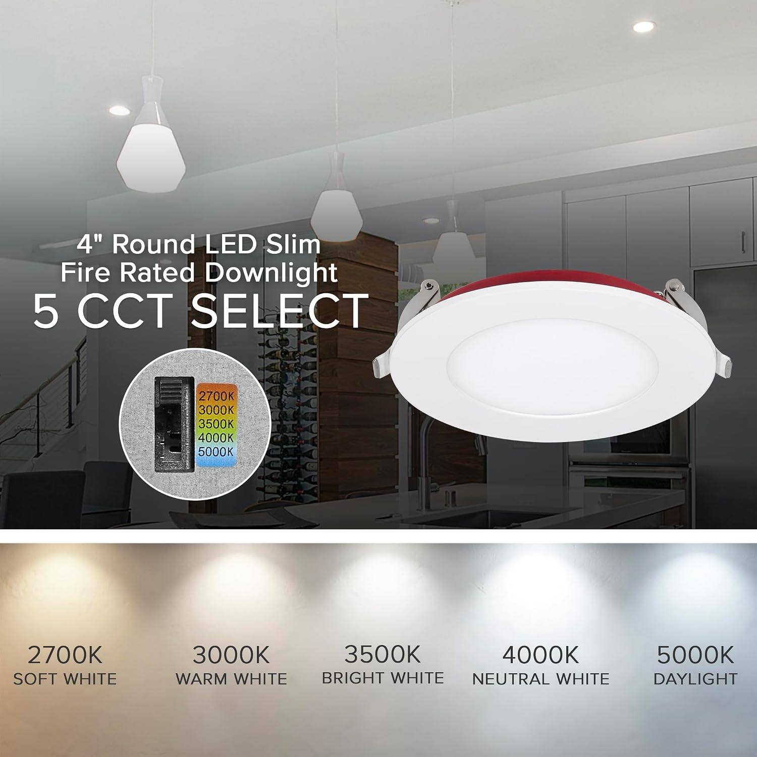 Maxxima 4 in. 2 Hour Fire Rated Ultra Thin LED Downlight, Slim Recessed Canless Light, IC Rated, 800 Lumens, 5 Color Temperature Selectable 2700K/3000K/3500K/4000K/5000K, Dimmable, J-Box Included