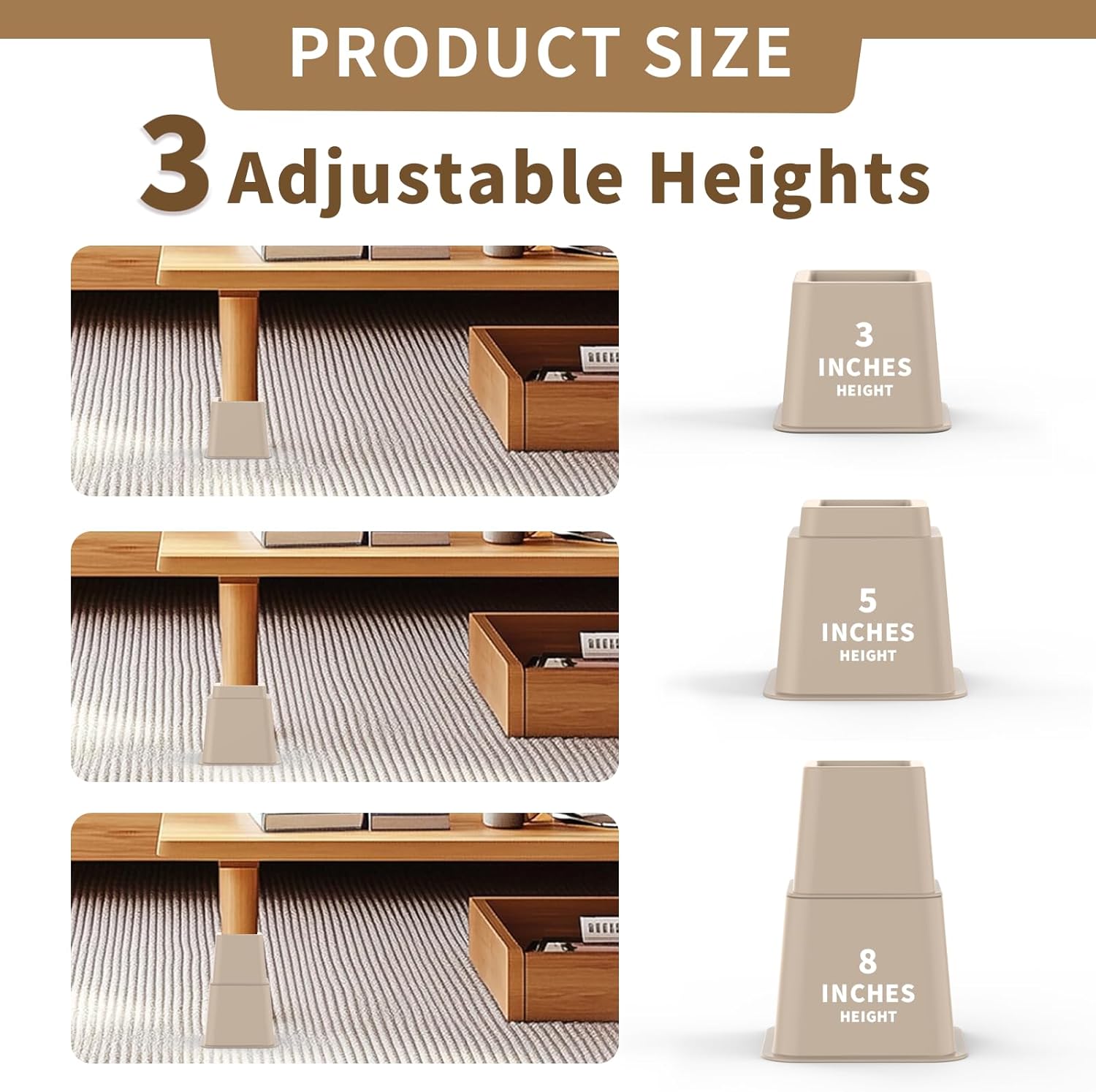 Adjustable Bed Risers 3, 5, 8 Inch Heavy Duty, Stackable Furniture Riser Set of 4 Bed Lifts for Couch, Sofa, Chair, Table & Desk, Under Bed Storage, College Dorms Supports Up to 1,300 Lbs, Brown