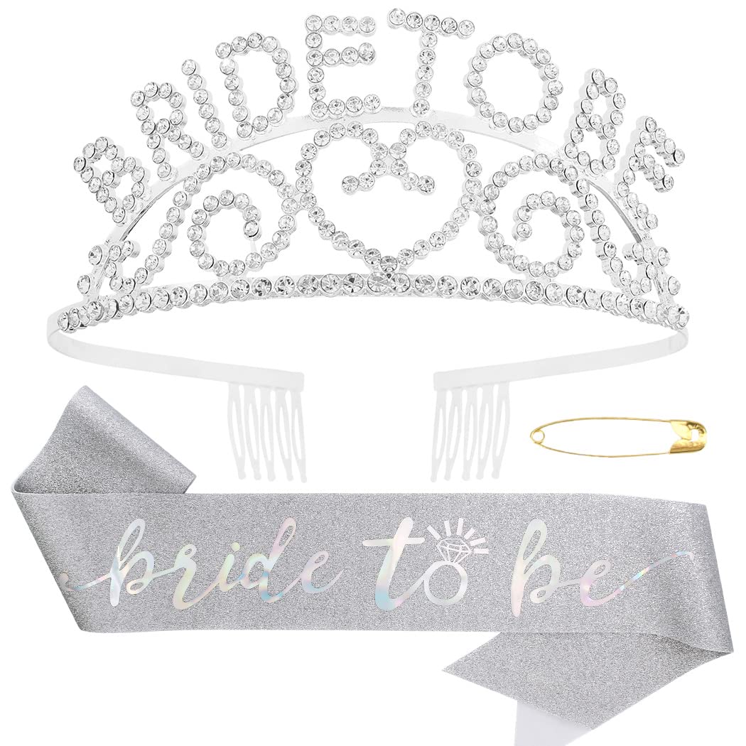 CURASA Bachelorette Party Decorations, Silver Crystal Crown and Bride To Be Sash, Bachelorette Party Supplies,Princess Queen Crown for Women Girls,Bridal Shower Gifts for Bride