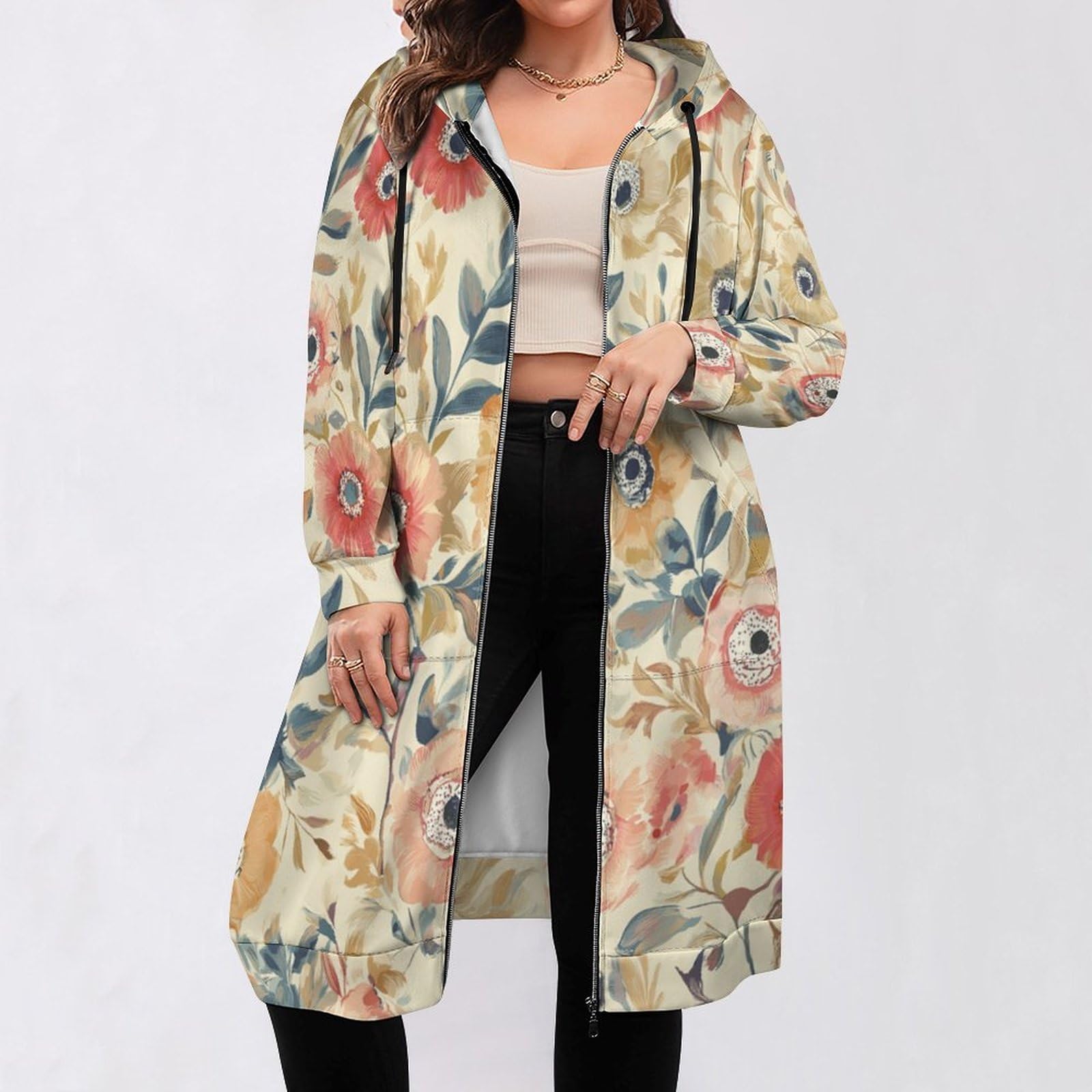 Felpa Donna con Zip Felpe Sportiva con Tasche E Cappuccio Motivo Floreale Morbida Invernale Giacca Regolabile Confortevole per Uso Quotidiano Casual
