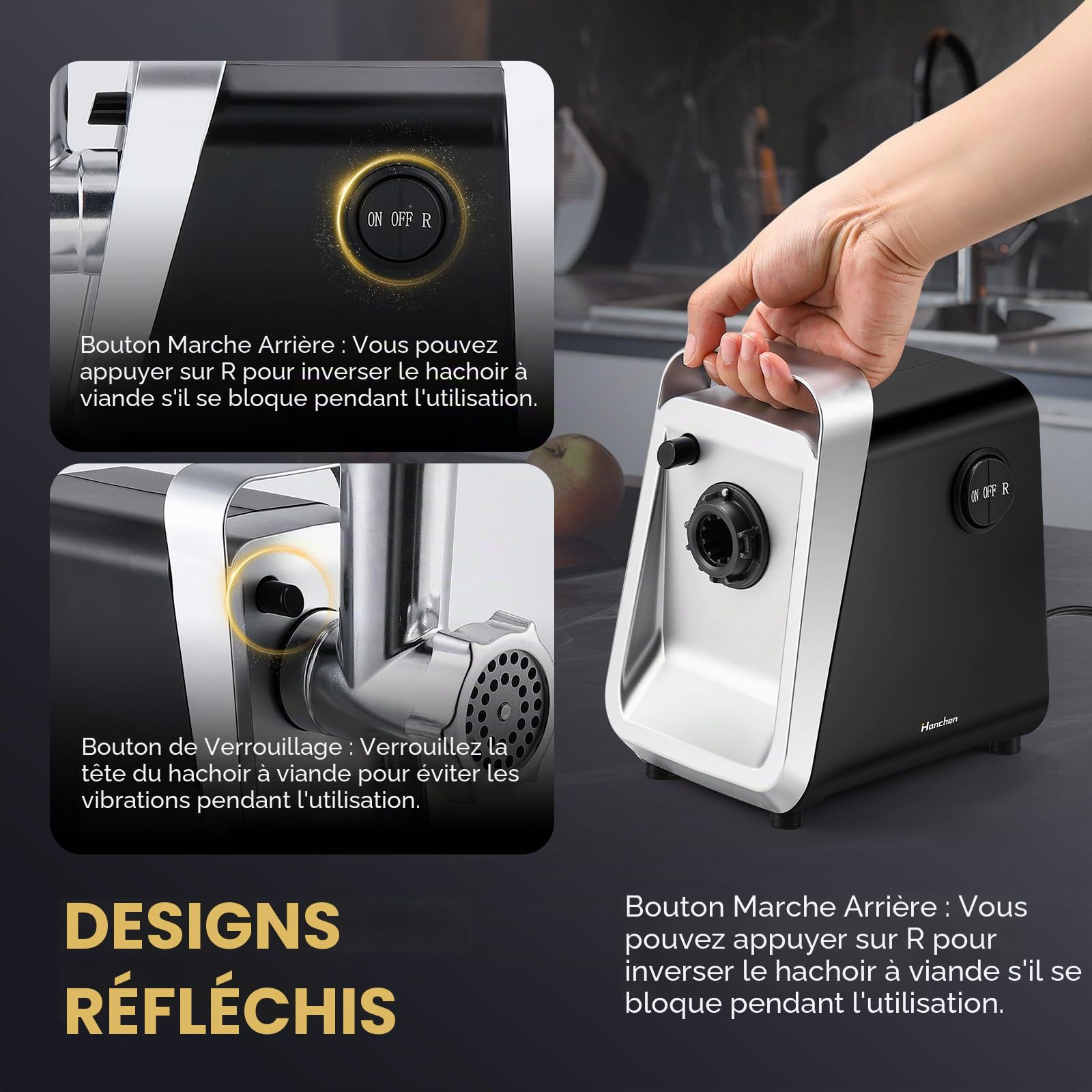 Hanchen Hachoir a Viande Electrique 6en1 avec Tube à Saucisse, 3 Plaques de Ponçage en Acier Inoxydable (3,5,7mm), Accessoires pour Biscuits, Annexe Kubbe, Presse-Tomates,Rapeuse Legume Electrique