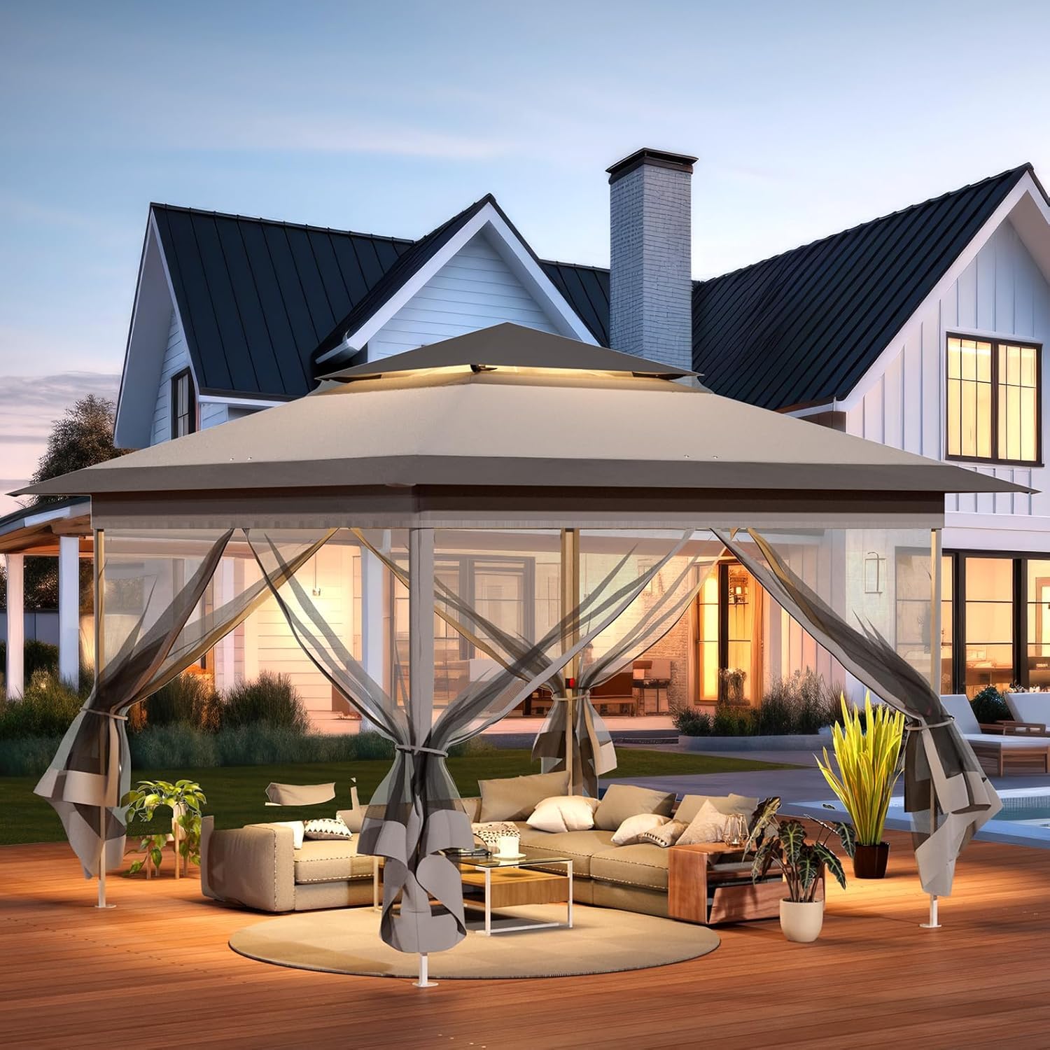 Gazebo pieghevole 3,3x3,3 m, con 4 pannelli laterali in zanzariera, One Push tenda con doppio tetto, Gazebo impermeabile da giardino 4 PCS Sacchi di Sabbia, per mercato/campeggio/spiaggia, Grigio
