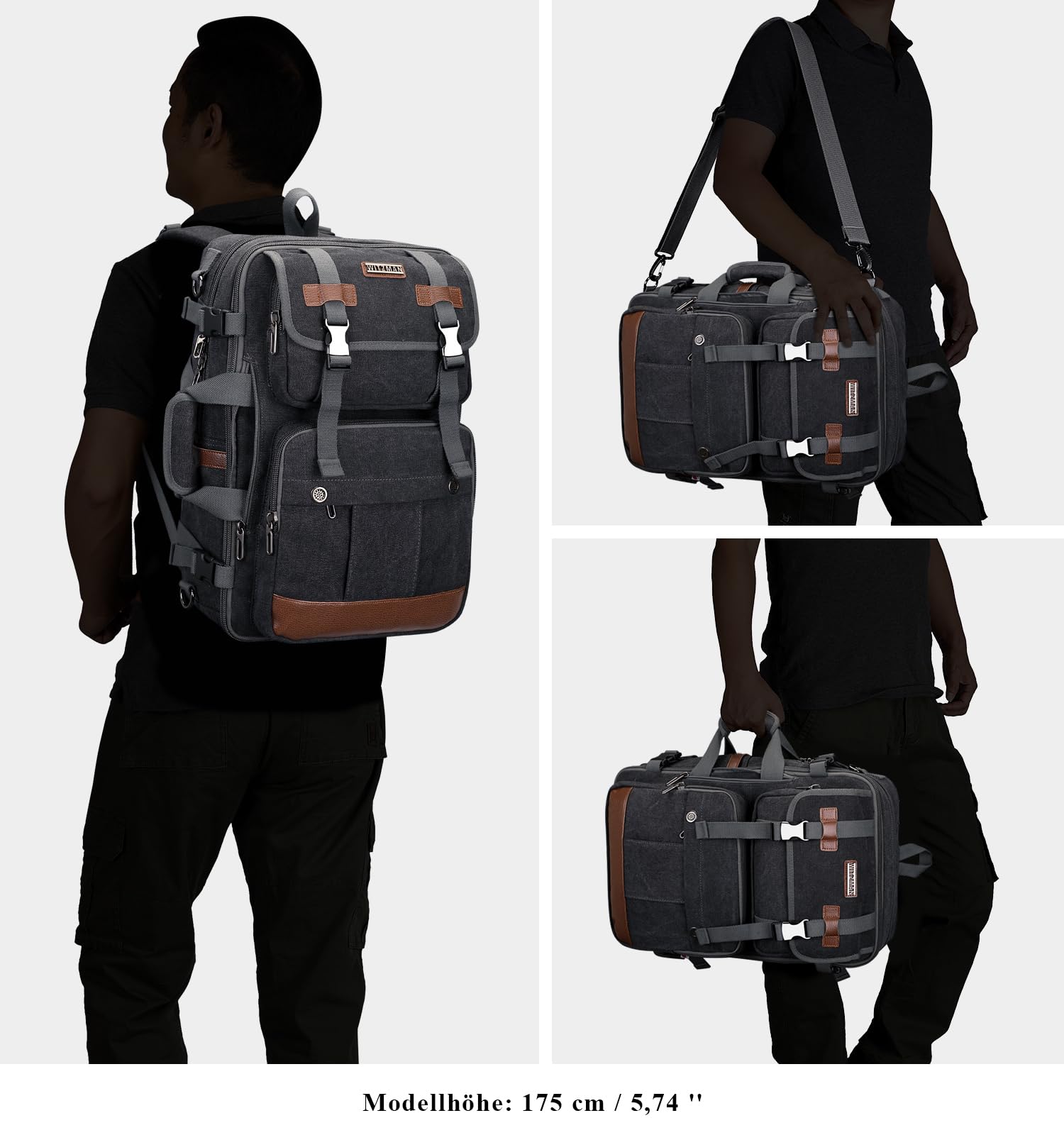 WITZMAN Reiserucksack Herren Canvas 40L Laptop-Rucksack für 16-Zoll-Laptop | Erweiterbar von 32-42L, Flugtauglicher Umwandelbarer Schulterrucksack für Handgepäck, Ideal für Urlaub, A6617-3 Schwarz