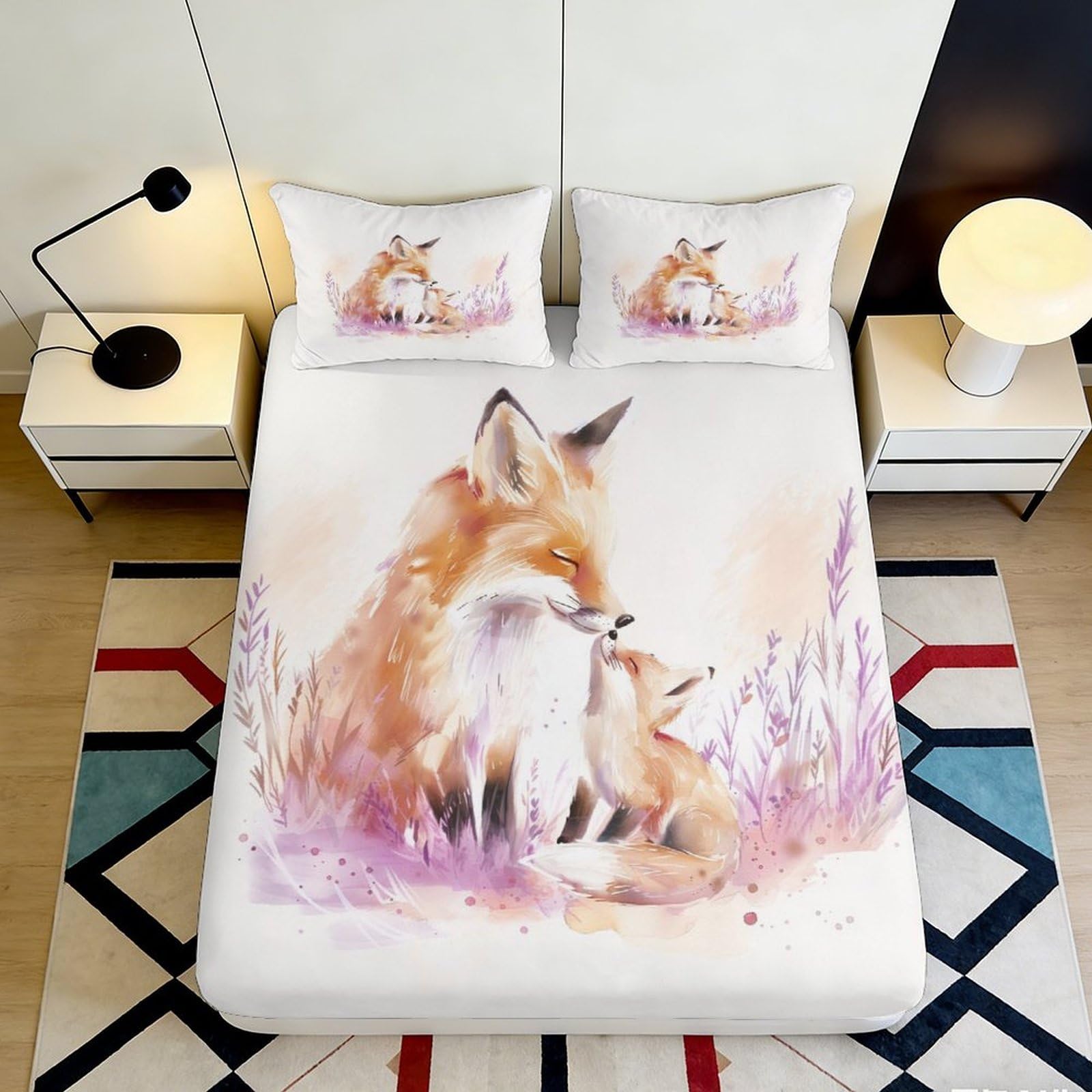 3D Printed Fox Family Fitted Sheet Microfiber Soft Orange Animal Mattress Cover for Bedroom Guestroom Dorm Decor 90x200x25cm