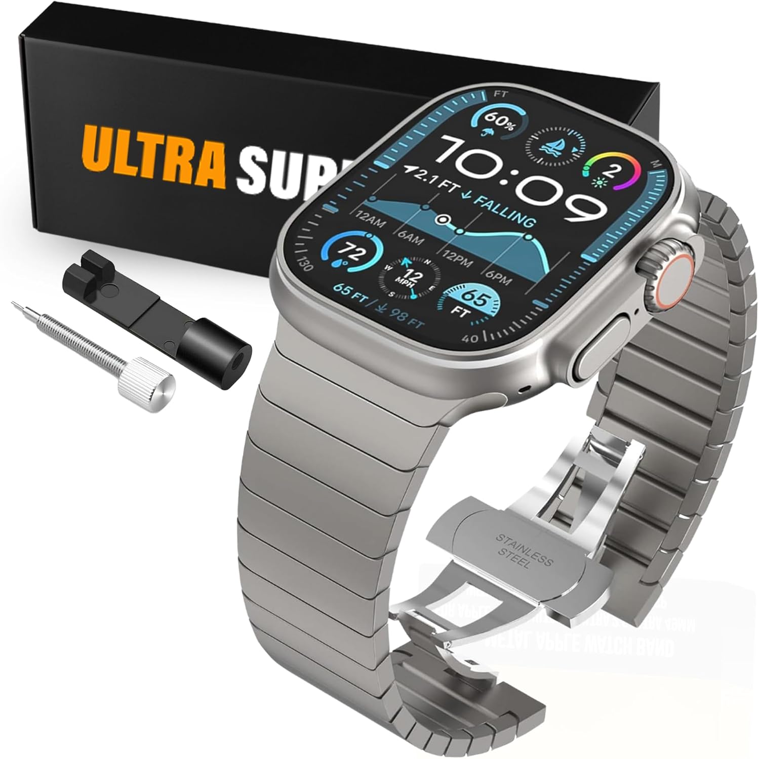 Ultra Supply Co. Metal Apple Watch Band - Compatible w/Apple Watch Ultra 1, 2, 3 & Older Versions - Matte Finish Stainless Steel 49mm, Link Bracelet, Folding Buckle Clasp, One Size Fits All -Titanium