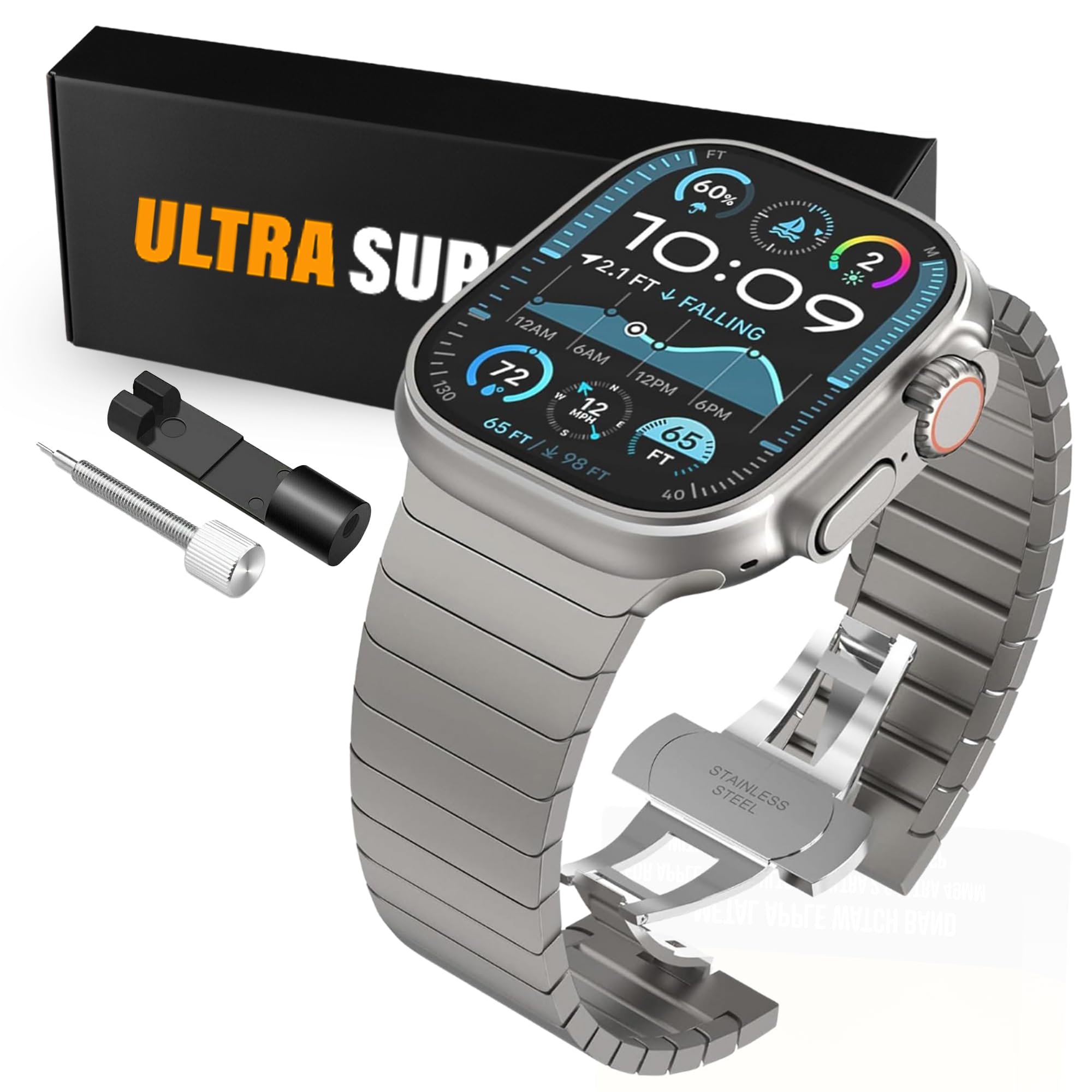 Ultra Supply Co. Metal Apple Watch Band - Compatible w/Apple Watch Ultra 1, 2, 3 & Older Versions - Matte Finish Stainless Steel 49mm, Link Bracelet,