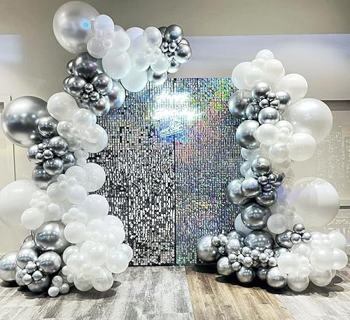 Miniatura 7 de Kit de arco de globos blancos y plateados, 140 piezas de guirnalda de globos de fiesta de confeti blanco metálico plateado y plateado para