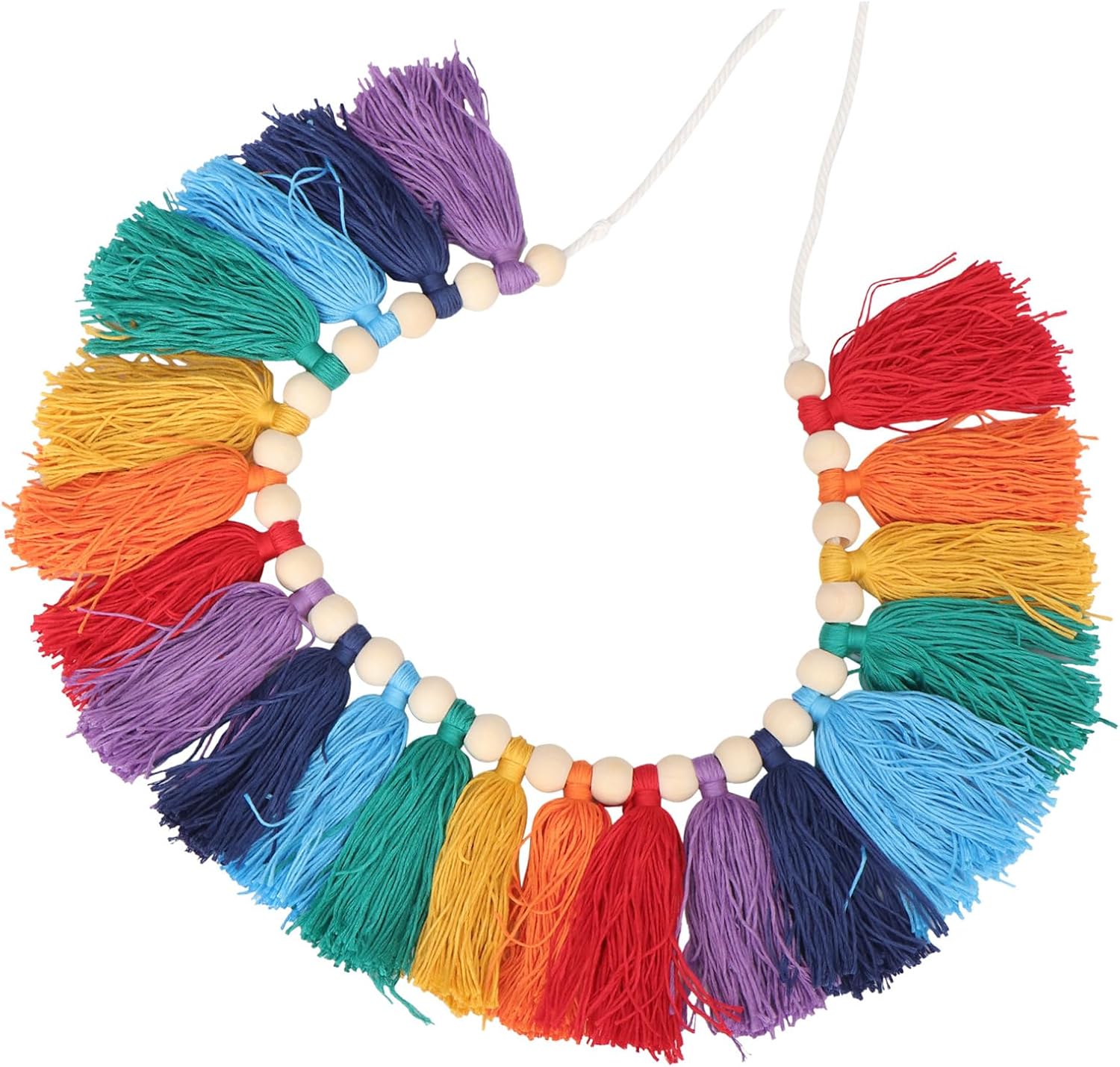 Handmade Cotton Yarn Wall Hanging Tassel Decor with Colorful Wooden Beads, Boho Home Room Banner for Living Room and Nursery Decoration