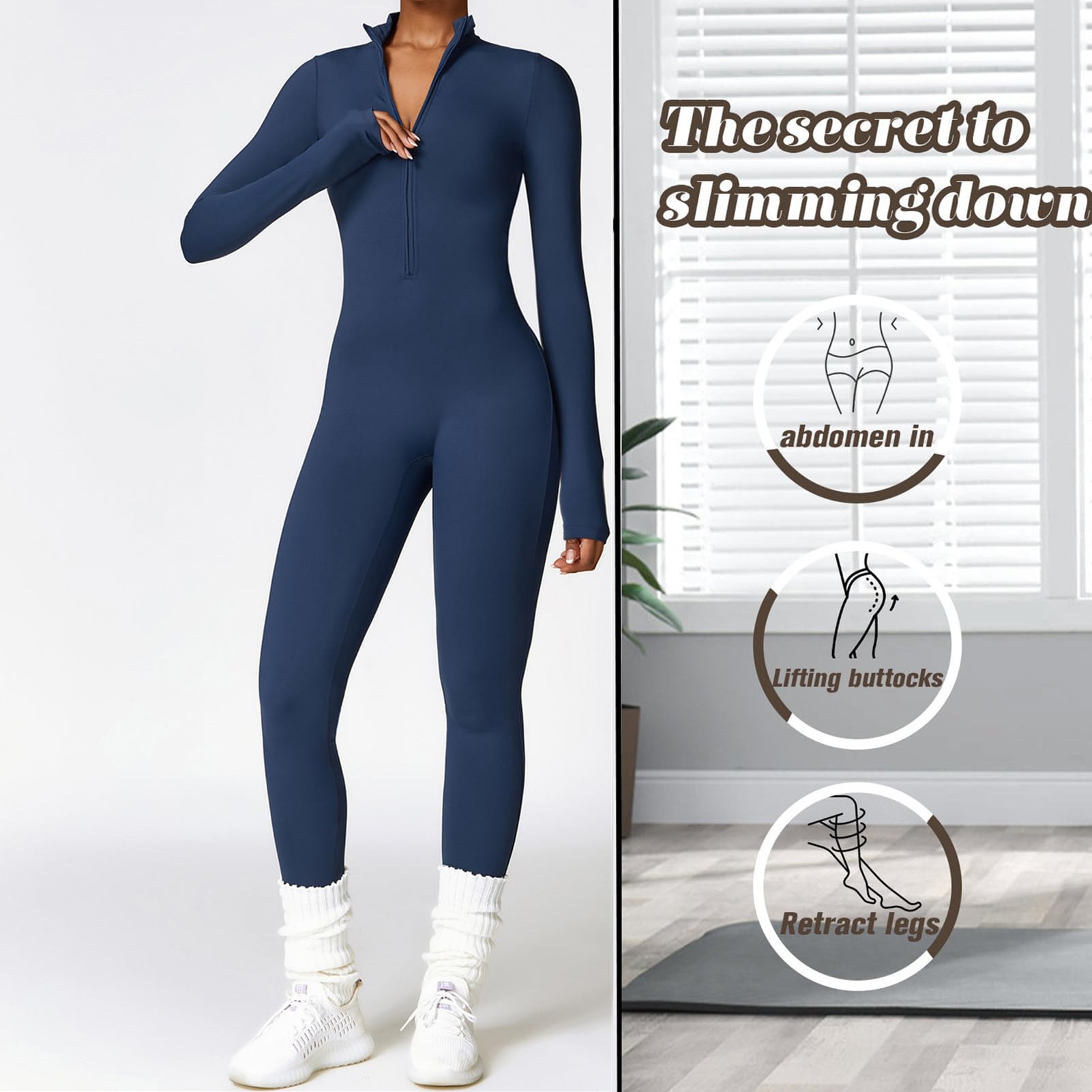 Damen Sport Jumpsuit Lang Eng Yoga Overall Langarm V-Ausschnitt Playsuits Mit Reißverschluss Jogging Strampler Hosenanzug Trainingsanzug