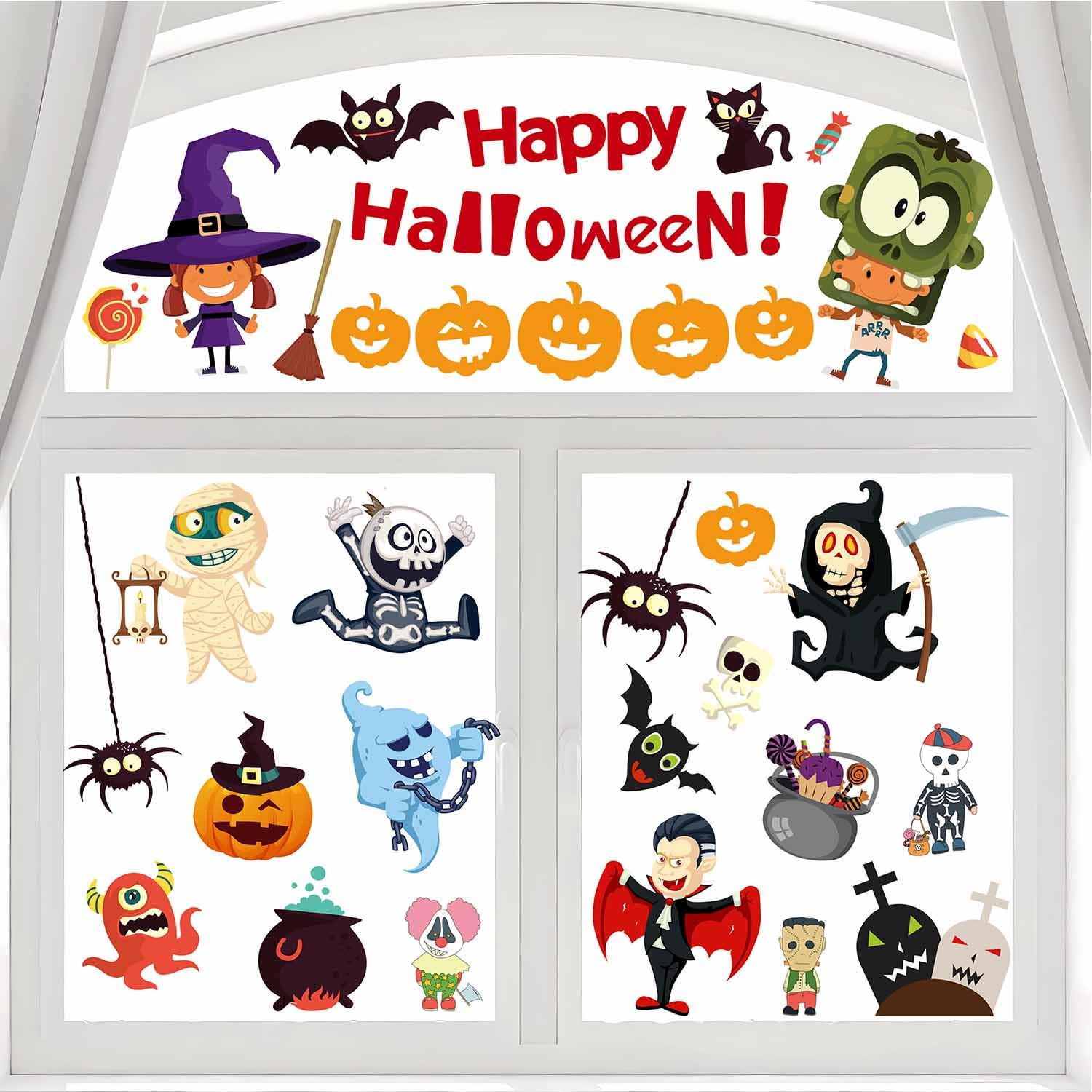 6 Sheet Halloween Window Clings, Cute Halloween Window Decorations, Large Pumpkin Ghost Bat Window Decor, Double-Sided Halloween Window Sticker Decals for Halloween Kids Party Supplies