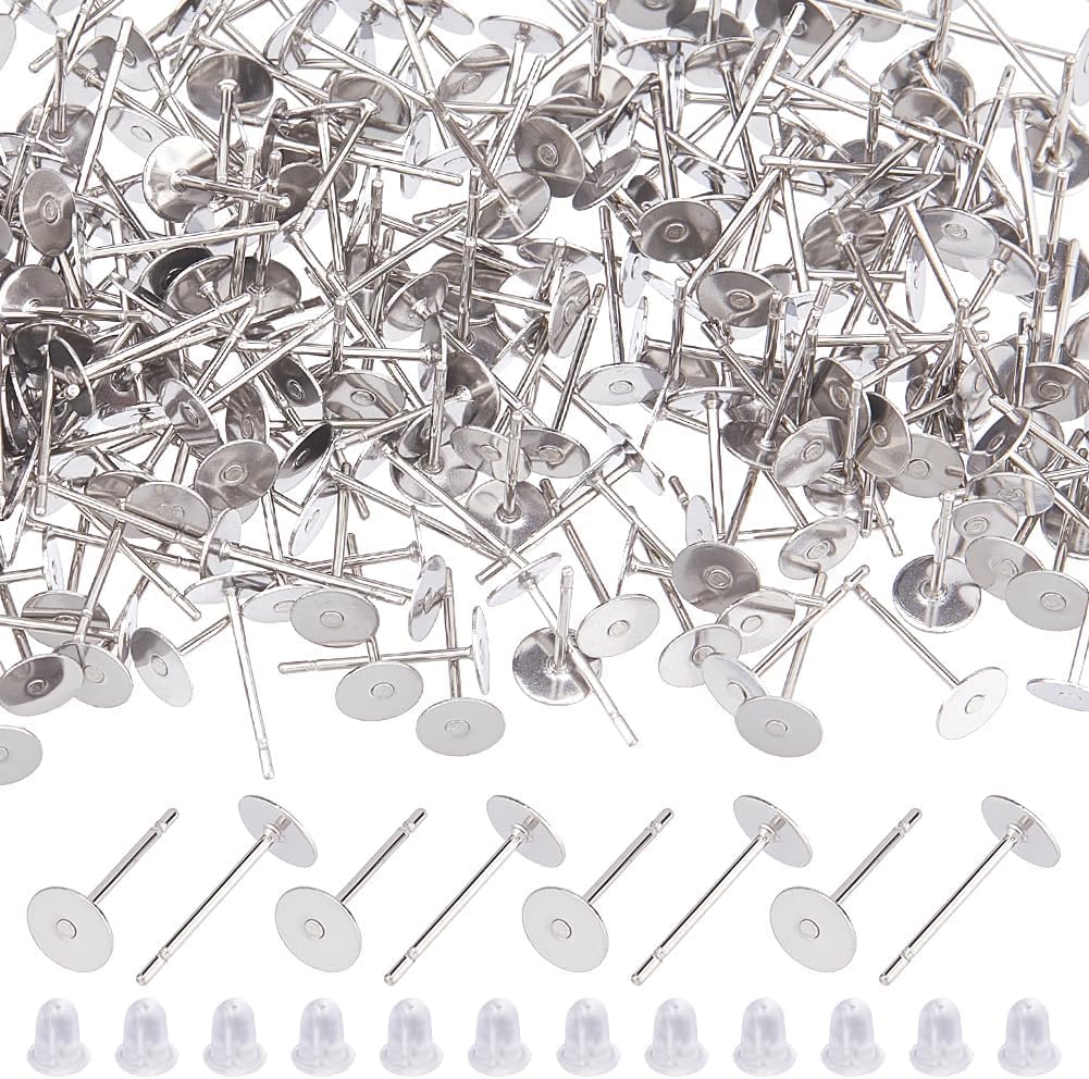 400Pcs Stainless Steel Earrings Posts Flat Pad Earring Studs 5mm Round Earring Stud Blanks Earrings Pin with 400Pcs Ear Nuts for Jewelry Making