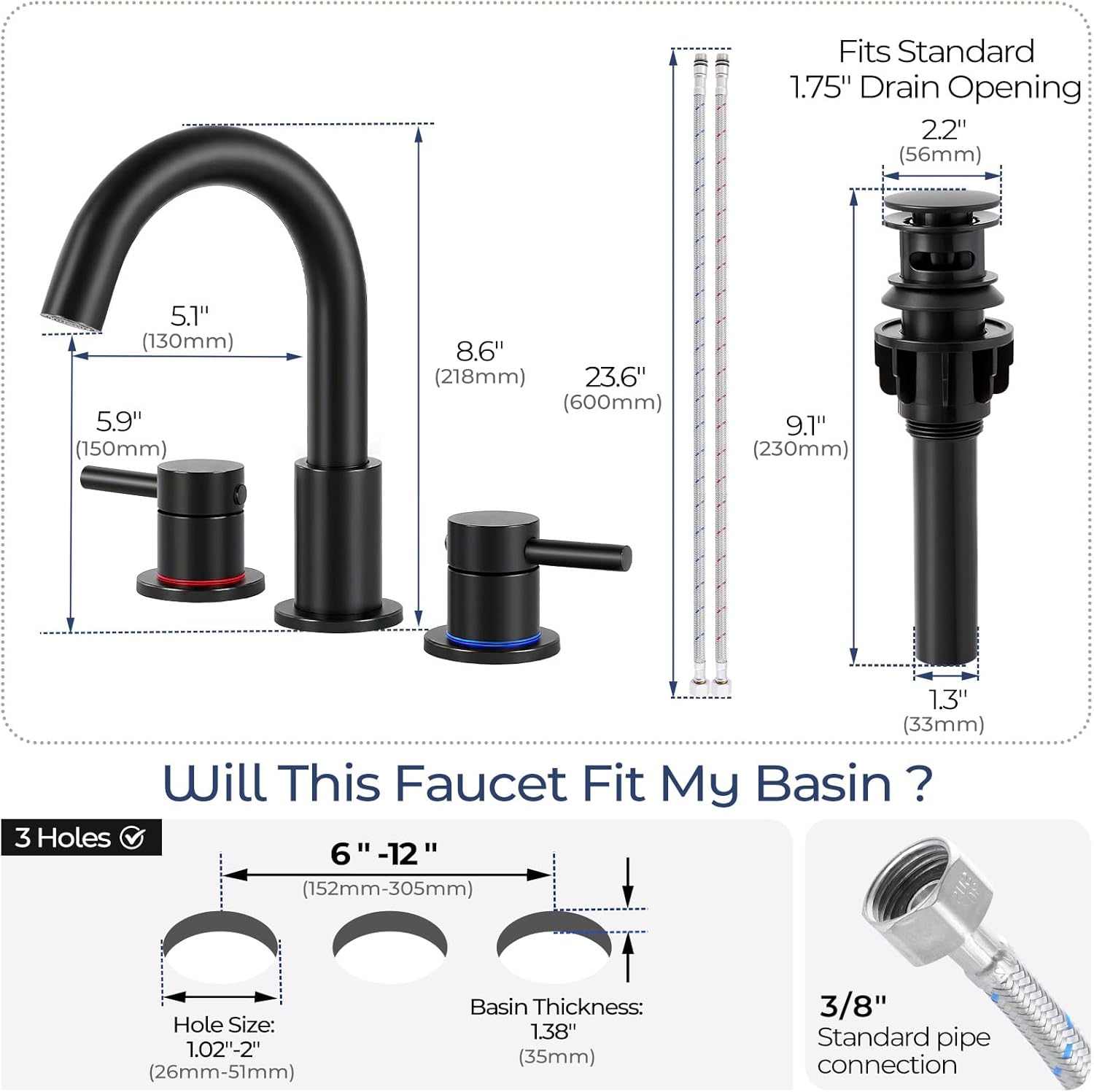 Bathroom Faucet 3 Hole, Matte Black Bathroom Sink Faucet with Pop Up Drain, 8 inch Widespread Bathroom Faucet with 360° Swivel Spout, 2 Handle Vanity Faucet with Water Supply Hoses - Image 6