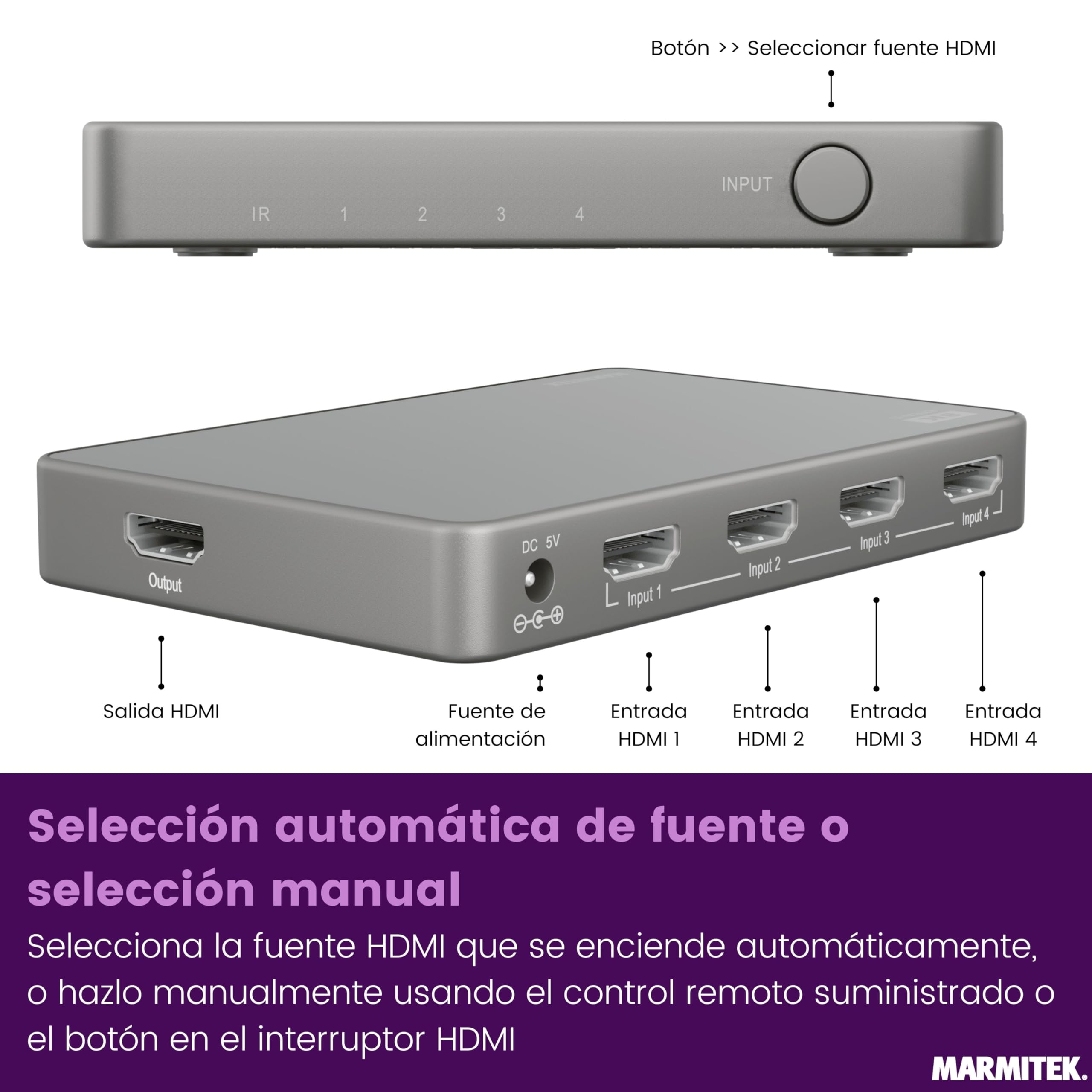 Marmitek Connect 740 - Switch HDMI 8K - 4K120 Gaming - 4 entradas 1 Salida | Conmutador HDMI 2.1, 4 entradas 1 salida para gaming 4K120, 48 Gbit/s, VRR, ALLM, QMS, QFT, cambio automático y mando