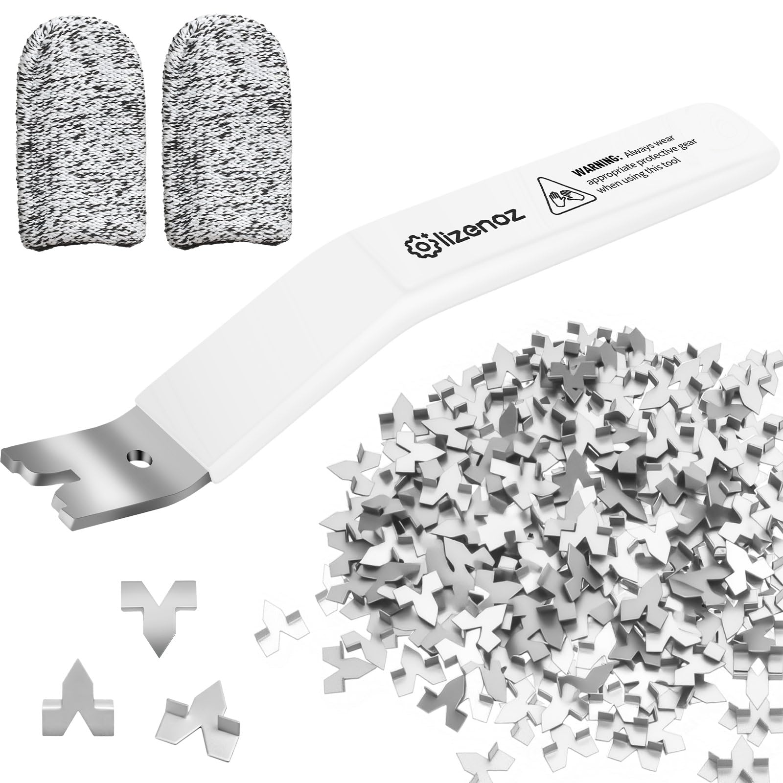 White Glazier Point Driver Tool with 200 Glazing Points &amp; 2 Finger Cots - for Framing Glass, Pictures, Cross Stitch - Rust-Resistant Iron/Zinc Push Points, Easy-Grip Handle
