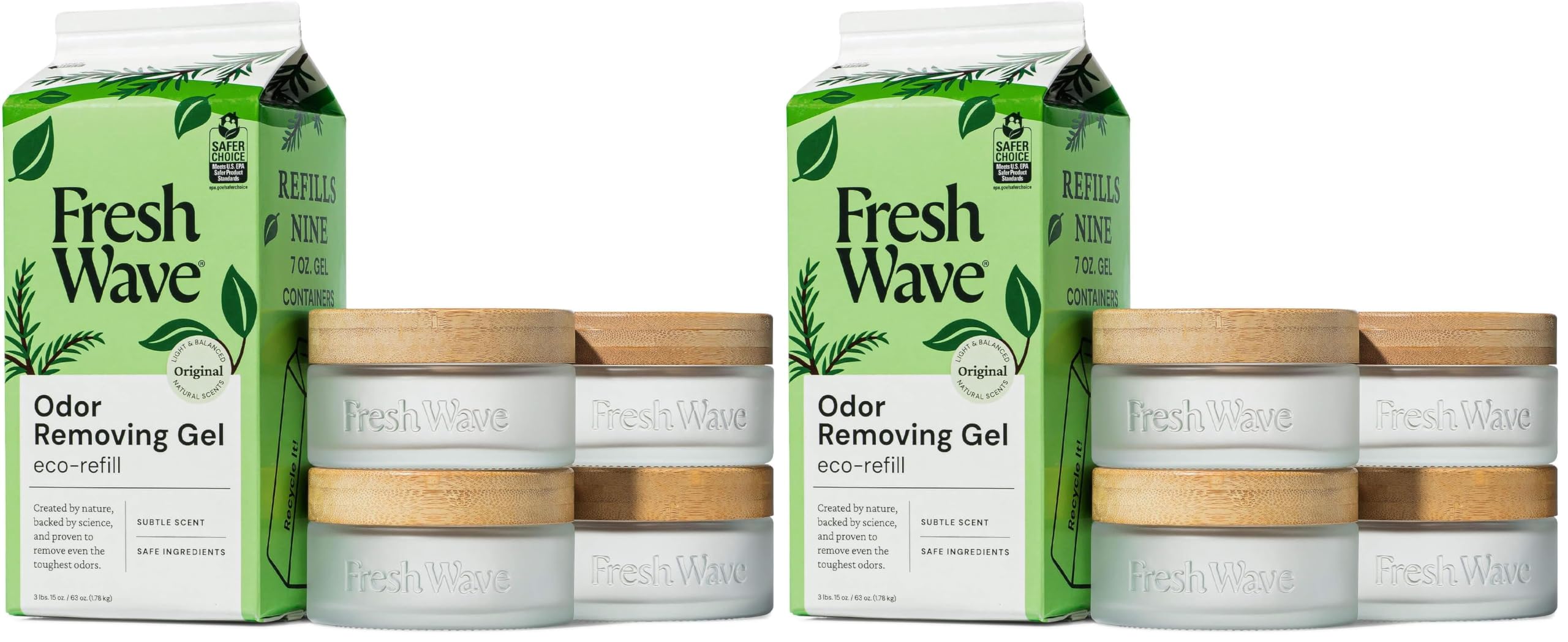 Fresh Wave Odor Removing Gel Eco-Refill, 63 oz. Original Scent | 4 Empty Refillable Glass Jars | 4 Room Set (Pack of 2)