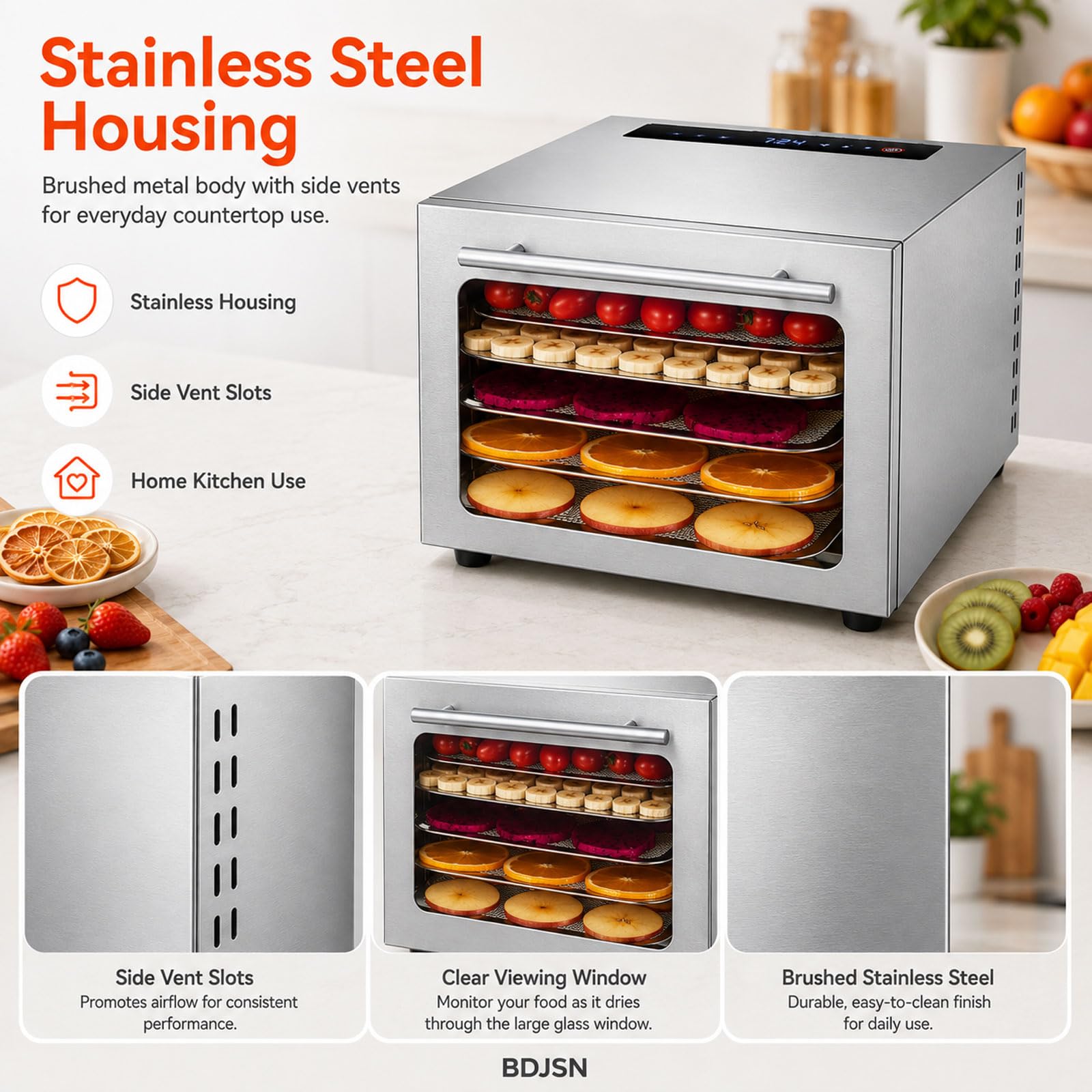 Deshidratador De Alimentos, Secador De Acero Inoxidable Con 5 Bandejas, Control Táctil Digital, Temperatura Ajustable De 20–90 °c, Temporizador De 24 H Y Puerta De Vidrio Para Carne Seca, Hierbas