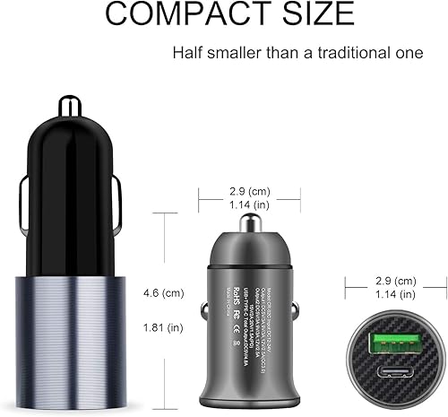 Miniatura 5 de Cargador de coche USB C Encendedor de carga rápida: Adaptador de coche PD y QC 3.0 de 30 W - Bloque de puertos dobles compatible con iPhone, i-Pad,