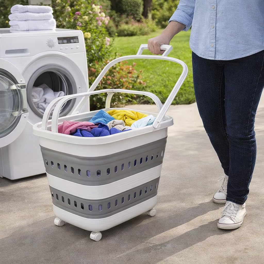 Wäschekorb, einziehbar und faltbar, mit Rollen, 45 l, Weiß / Grau