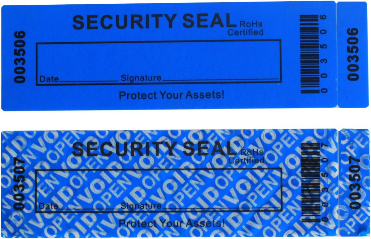 TamperSeals Group - 50 Non-Transfer Tamper-Proof Security Void Stickers, Labels, and Security Seal (Triple Serial Numbers, Blue, 3.5 x 12 cm)