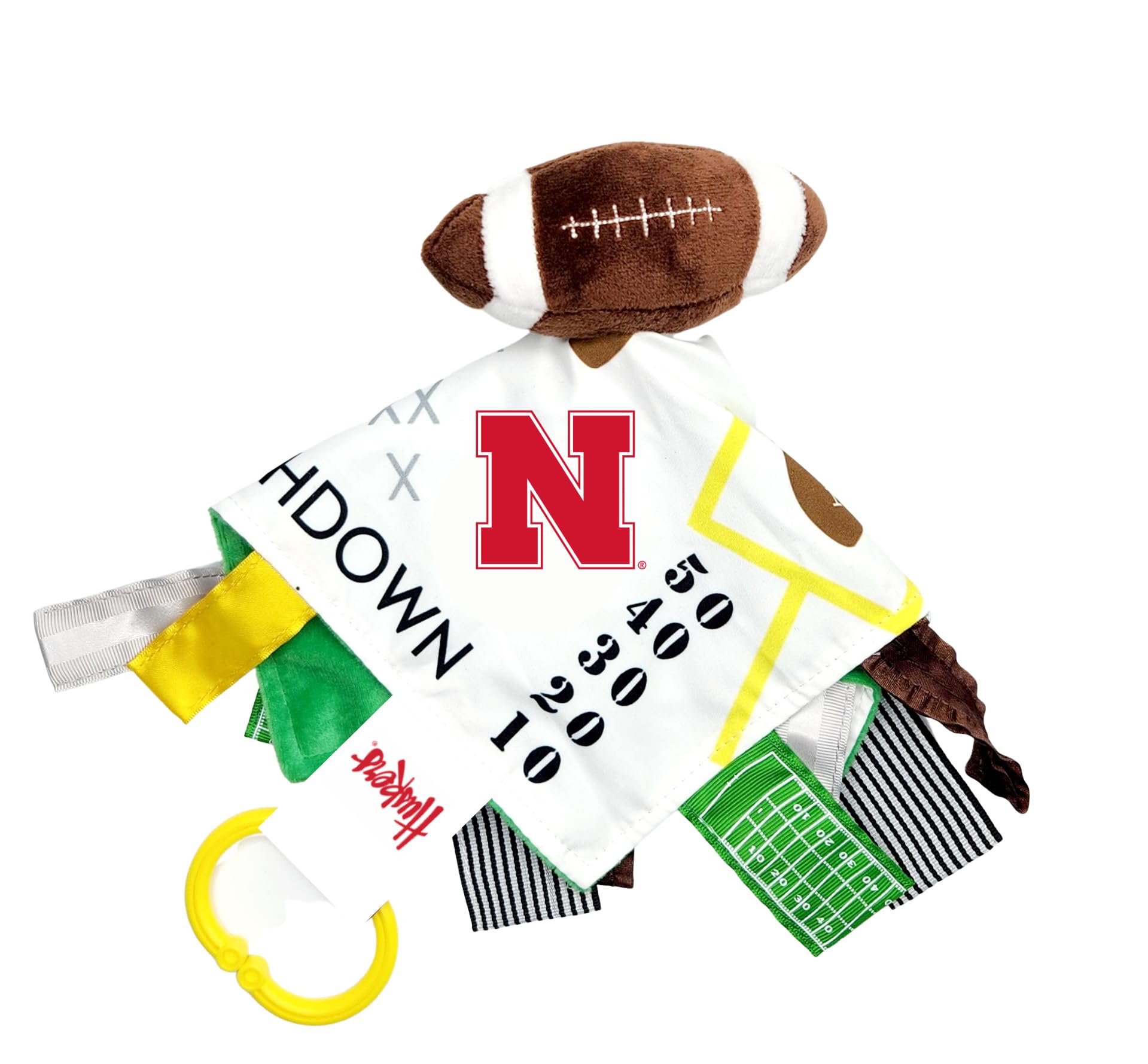 The Learning Lovey University of Nebraska Baby Football Tag Toy, College Sensory Crinkle Toys, Soft & Safe, Ideal Stroller, BPA-Free with Clip, 10" x