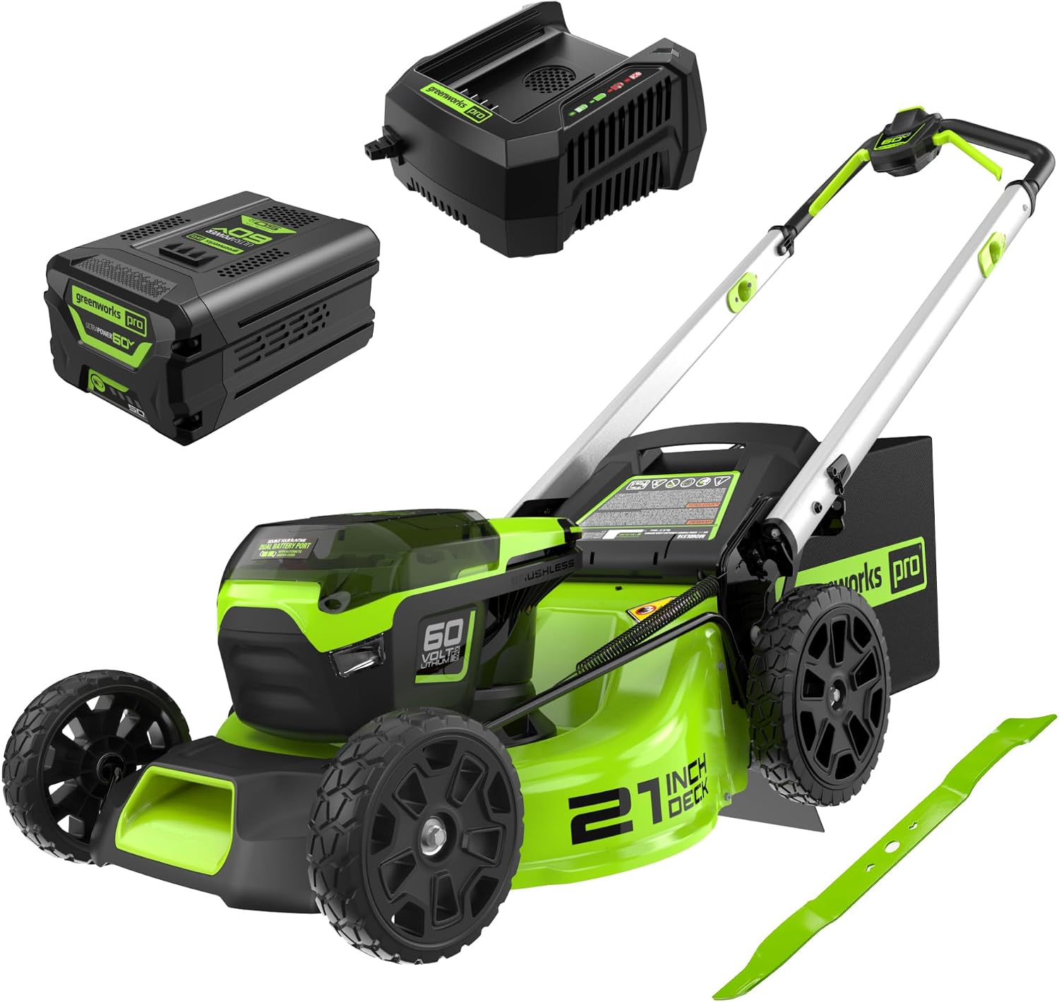 Greenworks 60V 21" Brushless (Push) Cordless Lawn Mower, 5.0Ah Battery (1/2 Acre, Rapid Charger, 4-in-1, LED Lights, IPX4) + Extra Blade