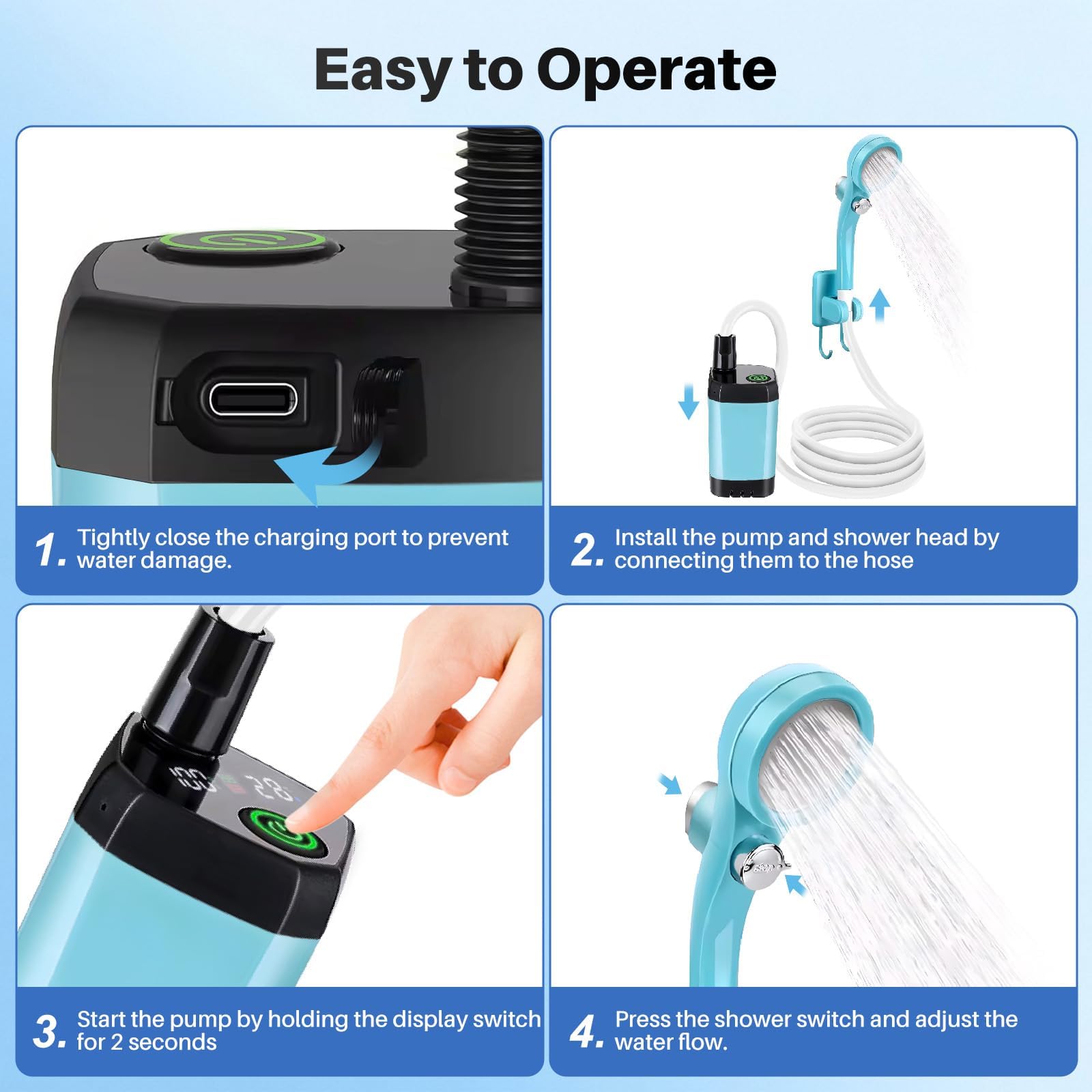 Ducha portátil de camping con calentador, ducha de camping recargable de 6000 mAh con calentador de apagado automático de 2000 W, pantalla LED, ducha climatizada al aire libre para viajes