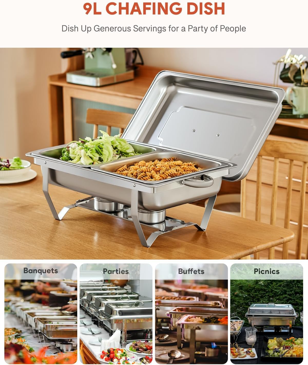 Juego de 2 Calentadores de Comida para Buffet, Chafing Dish, Calentador de Buffet de Acero Inoxidable, para Fiestas, Catering, Banquetes, para Catering, Eventos y Fiestas