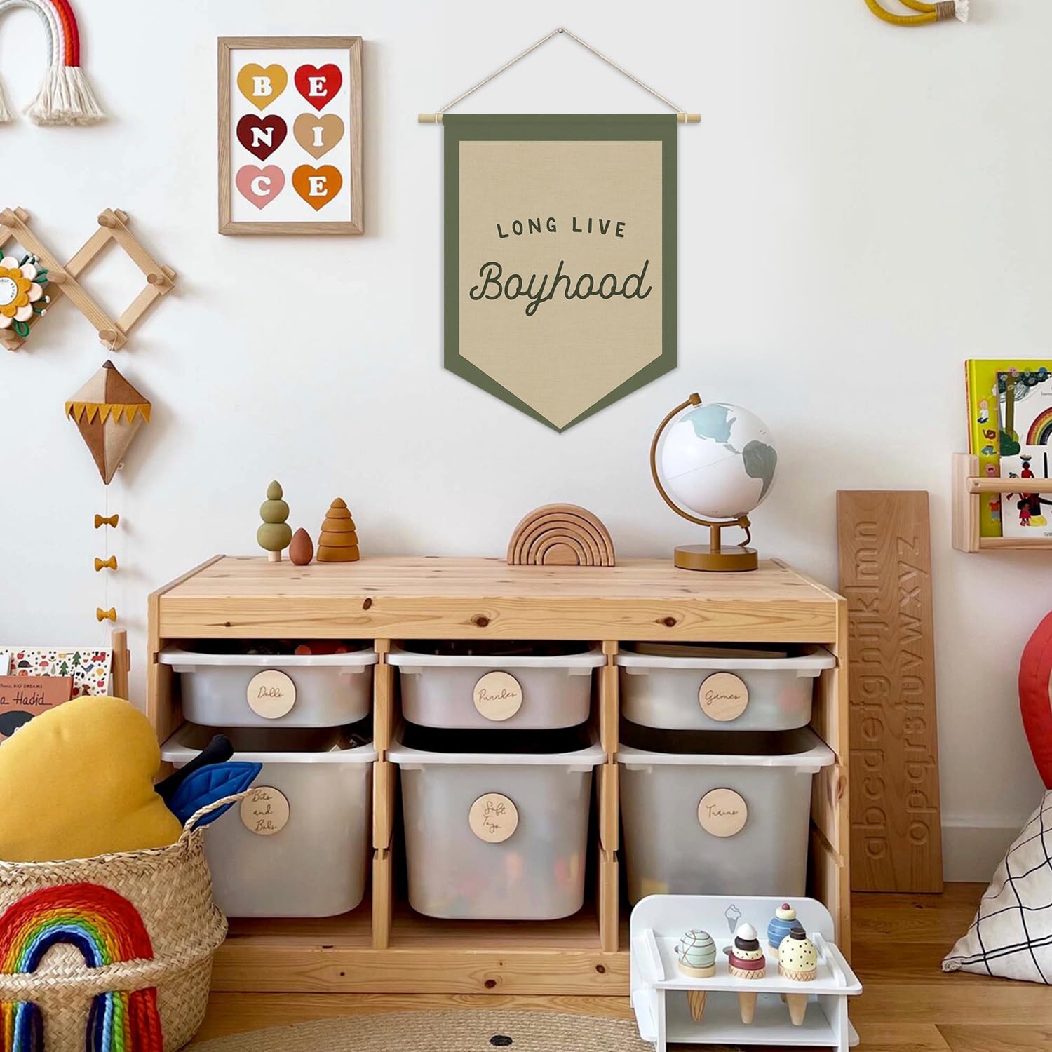 XYDEG Boys Room Decor, Long Live Boyhood Linen Canvas Banner, Boy Nursery Wall Hanging Pennant Flag Banner for Boys Kids Toddler Room Bedroom Playroom Decor, 15x11in - Green