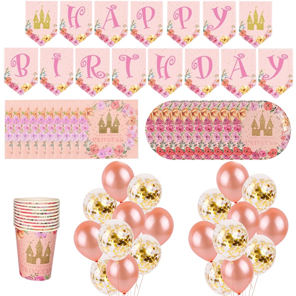 Rose Gold Party Tableware, Party Supplies Paper Plates Set, Pink Birthday Party Supplies, Party Paper Cups, Plates, Napkins, Banners, Balloons (51 Pieces, 10 Guests)