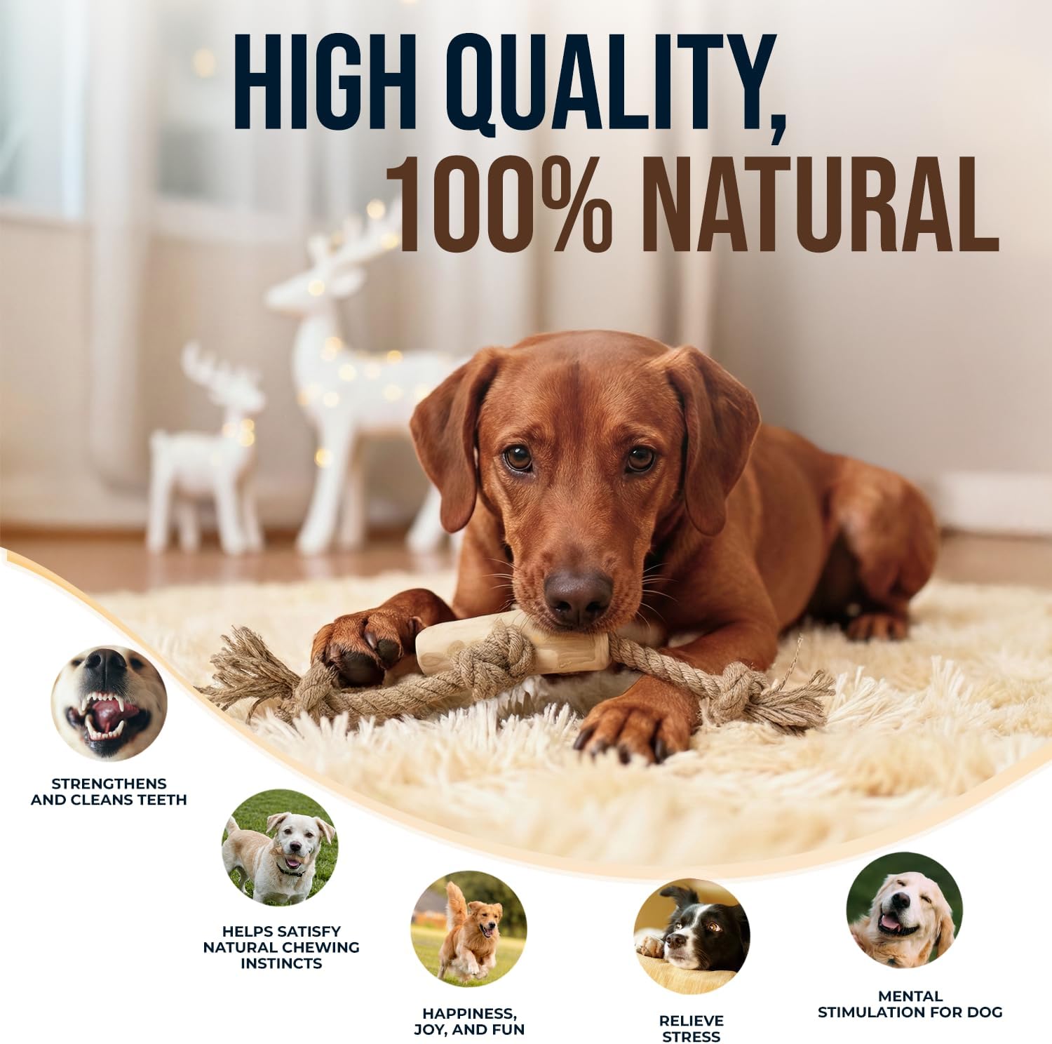 Coffee Wood Tug for Dogs, Medium Toys Made of Real Coffee Wood and Hemp Rope - 100% Natural - Real Wood Chew Stick, Stress Relief, Training and Rewards image 3