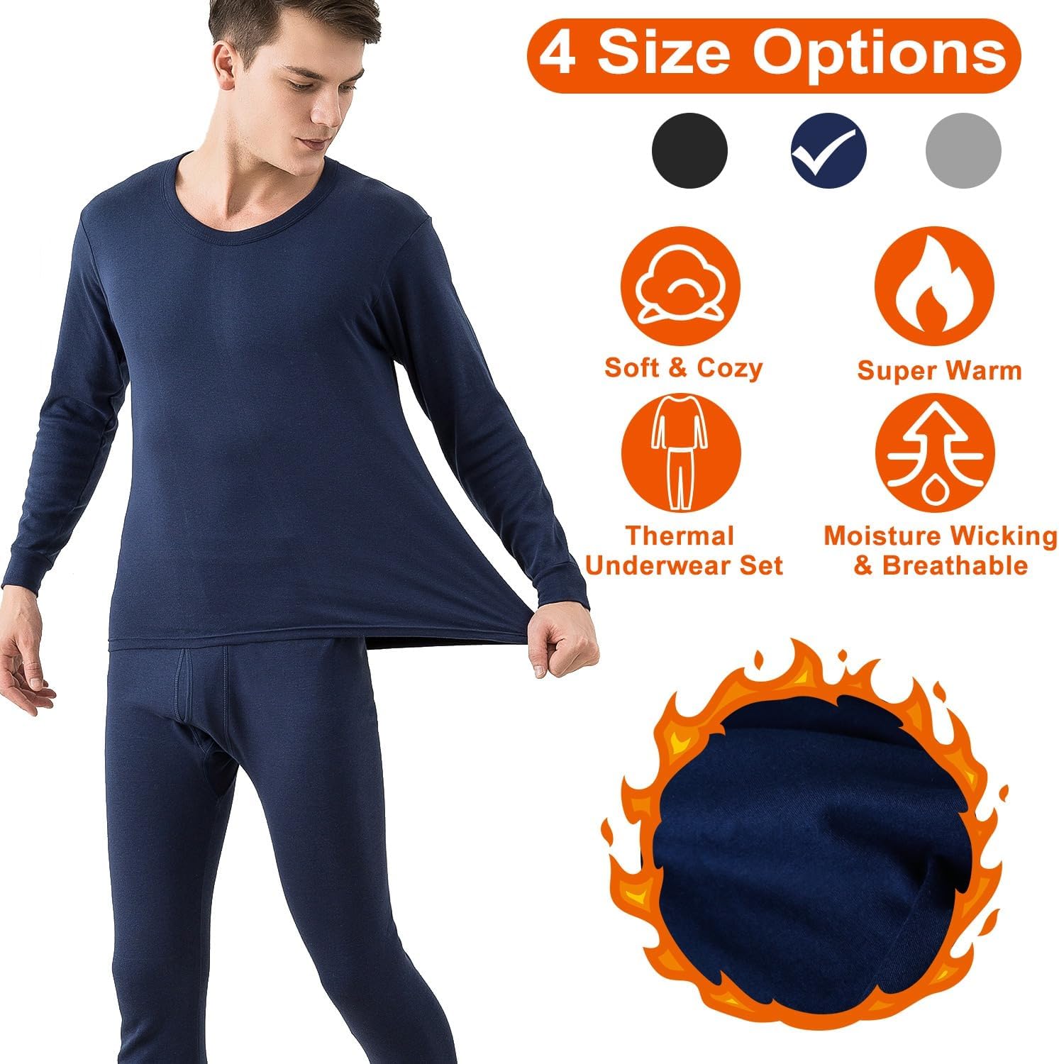 KOCASO Men's Thermal Underwear Set - Long Johns & Thermal Underwear for Men, Soft & Comfortable Base Layer for Winter Clothes, Ideal Mens Thermals Top and Bottom Set for Outdoor Activities（Navy，XL）