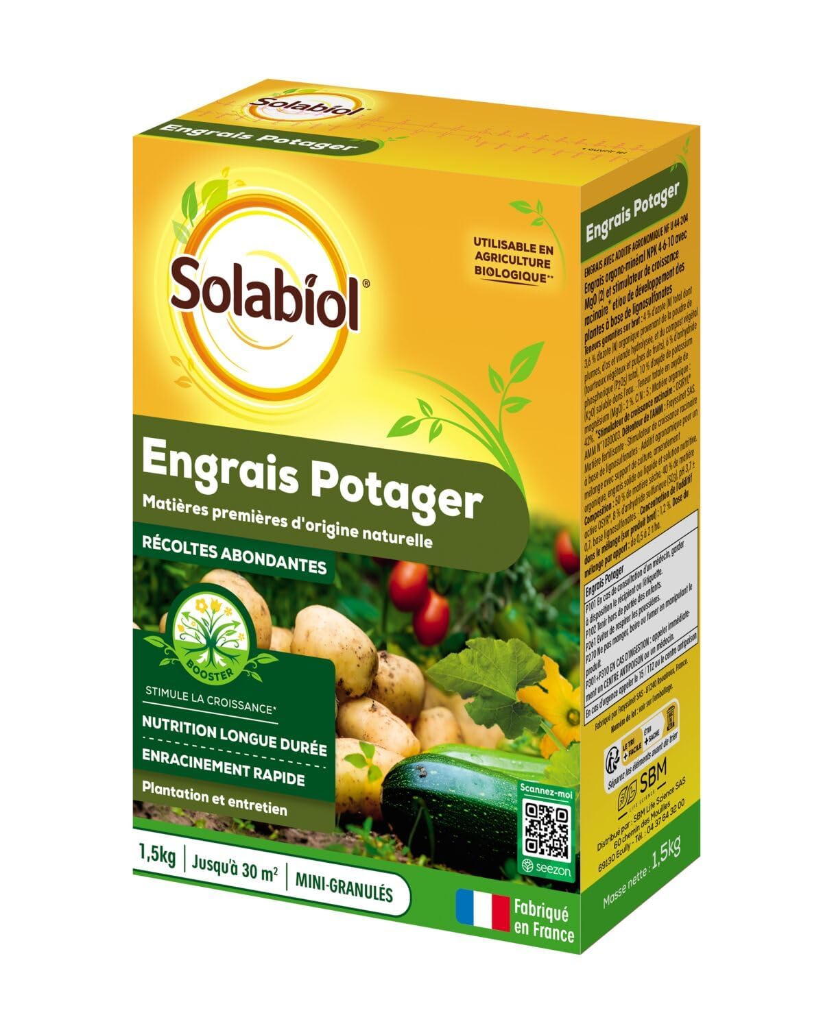 Engrais potager SOLABIOL 1,5Kg nourrit la terre et booste la croissance de tous vos légumes